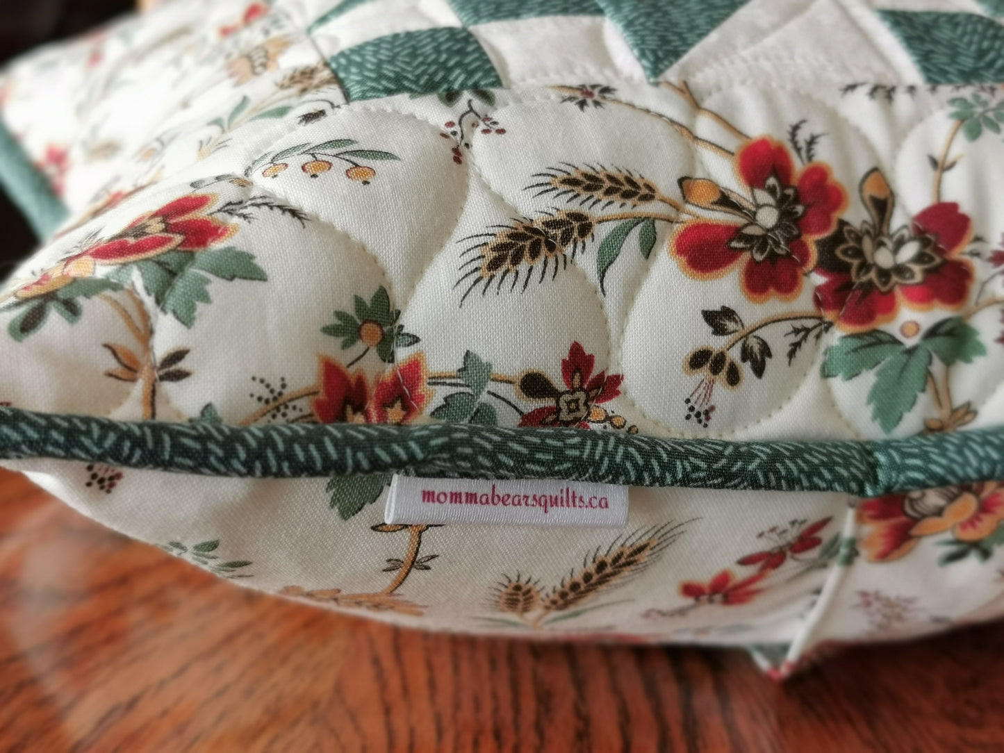 Teal Patchwork Pillow with Floral Accents, 12 inch square Quilted Pillow