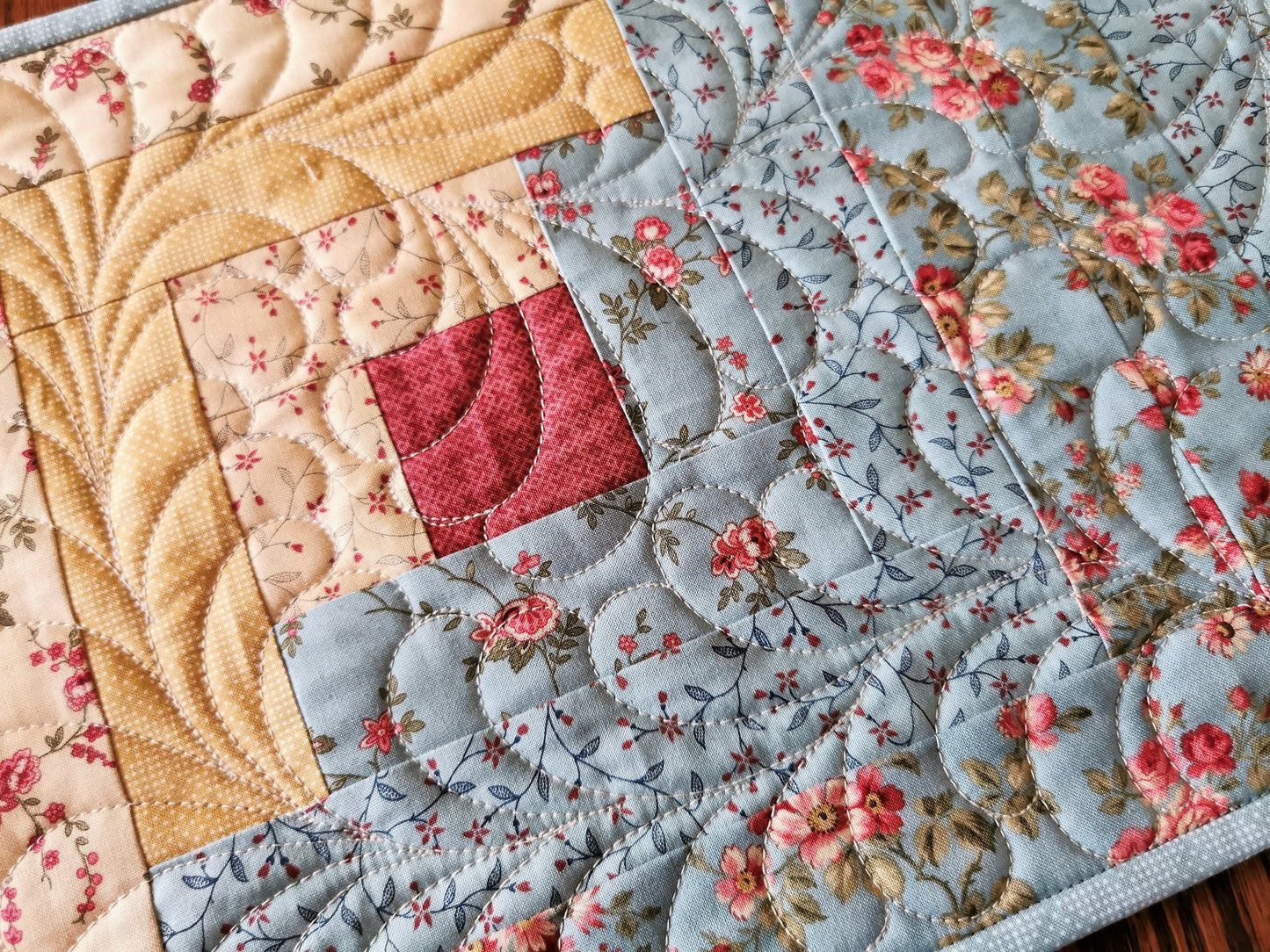 Log Cabin Quilted Table Runner in Teal and Yellow Florals