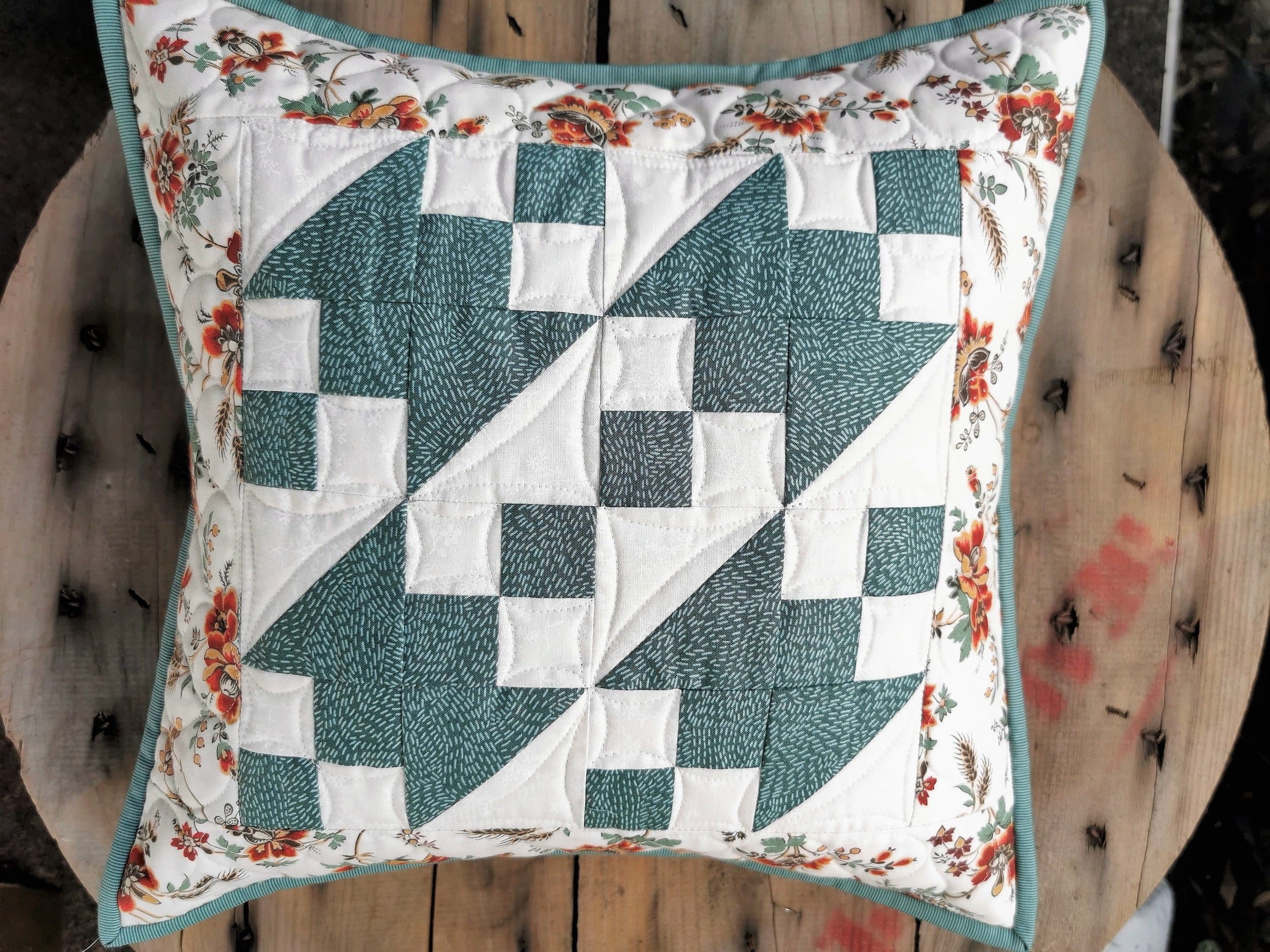 Teal Patchwork Pillow with Floral Border, 14 inch square Throw Cushion