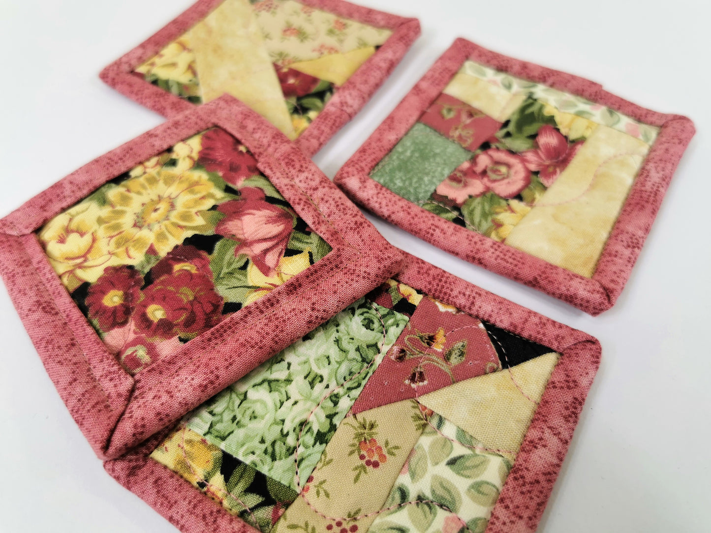 Pink Fabric Coaster Set, Crazy Quilt Mug Rugs