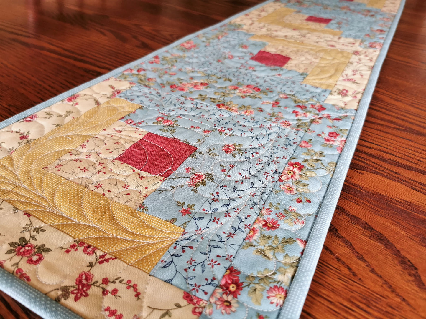 Log Cabin Quilted Table Runner in Teal and Yellow Florals