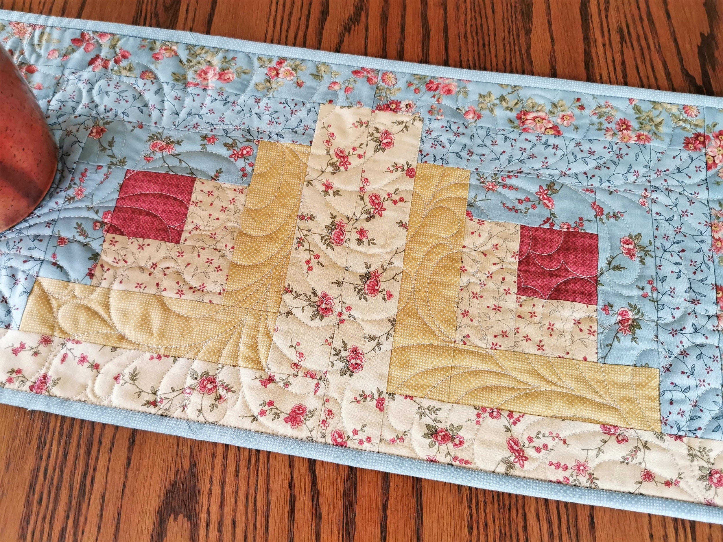 Log Cabin Quilted Table Runner in Teal and Yellow