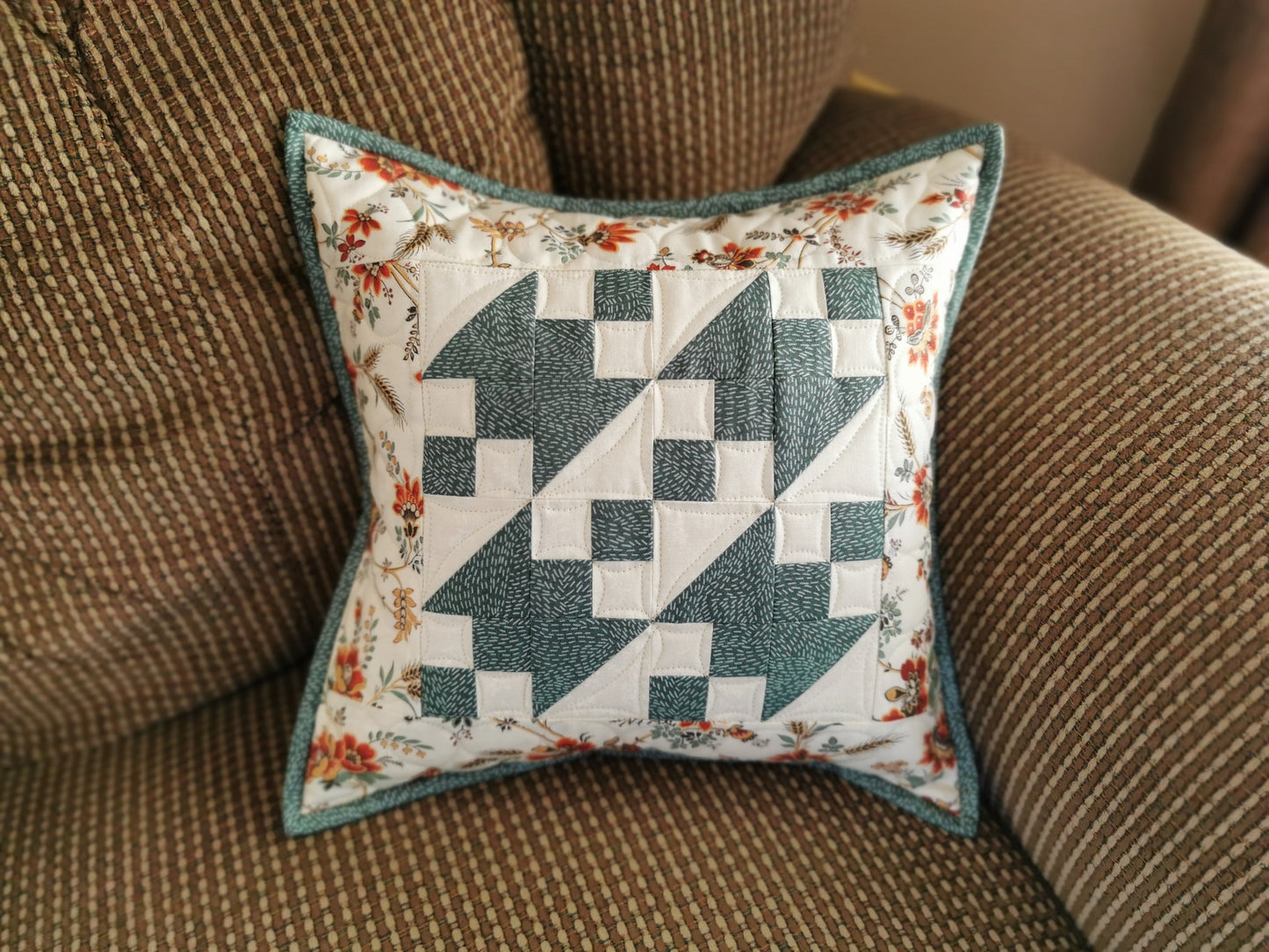 Teal Patchwork Pillow with Floral Accents, 12 inch square Quilted Pillow