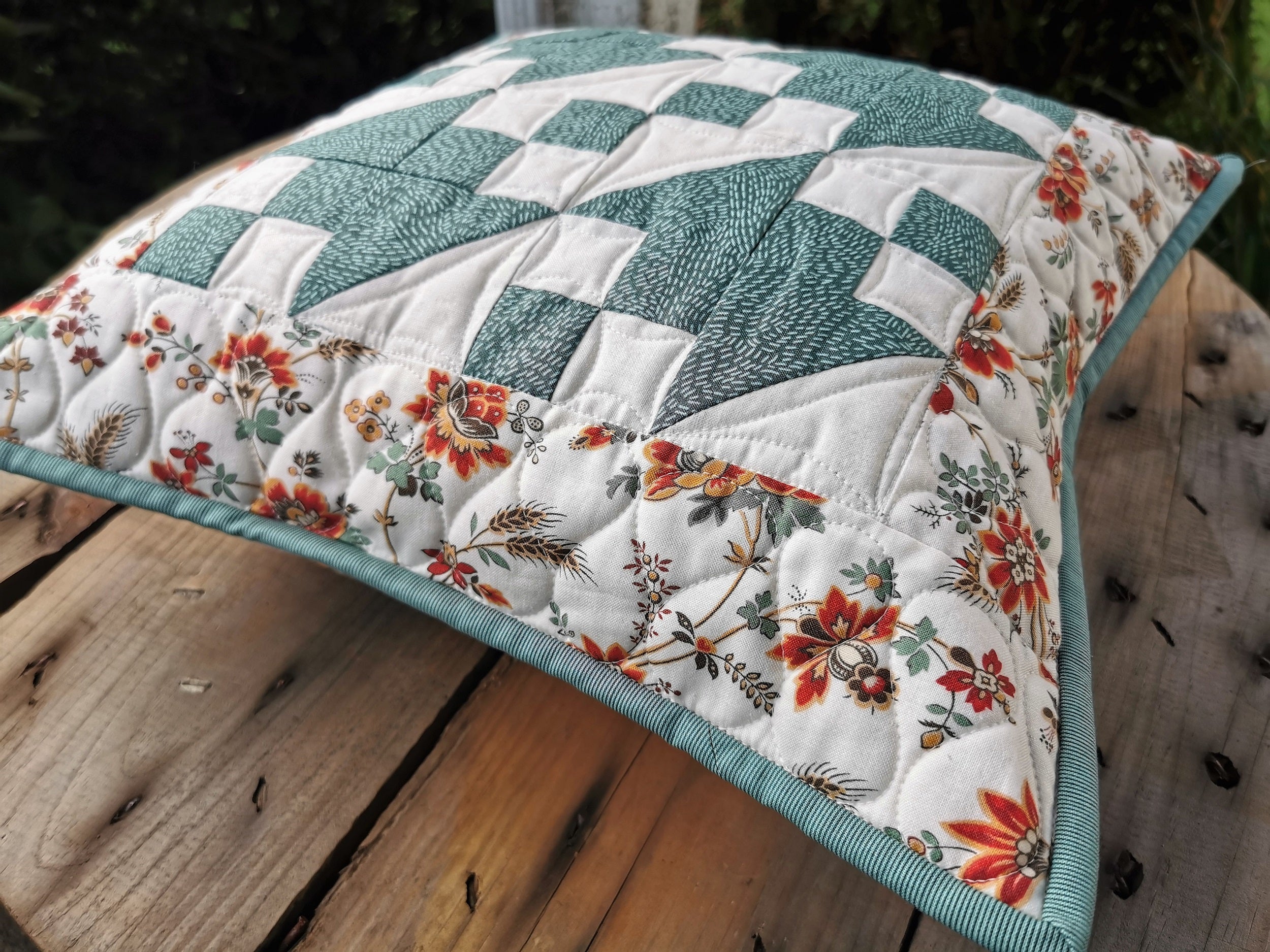 Teal Patchwork Pillow with Floral Border, 14 inch square Throw Cushion