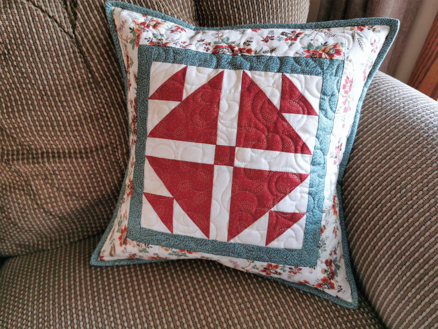 Red & Teal Floral Throw Pillow, 16 inch square