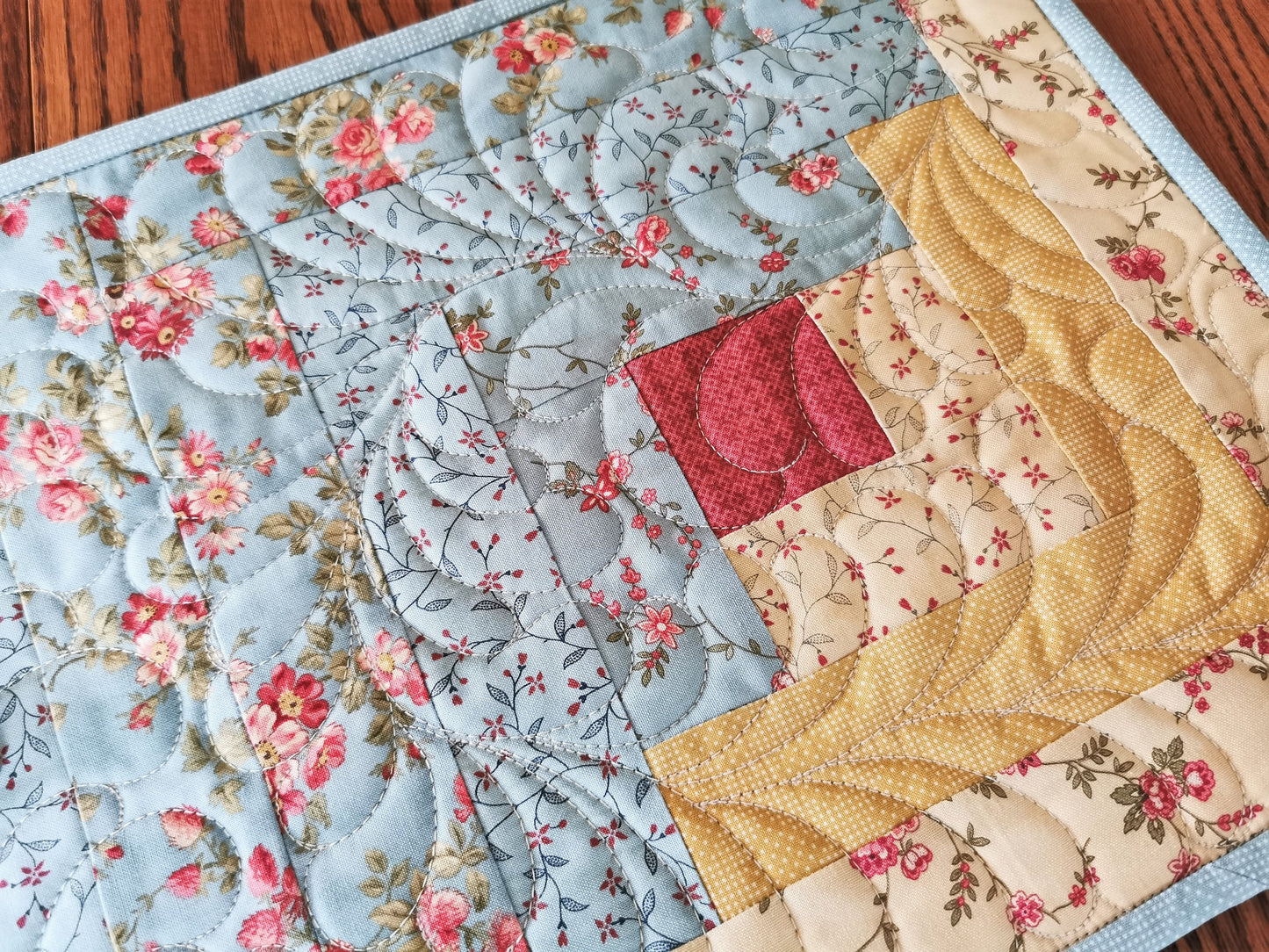 Log Cabin Quilted Table Runner in Teal and Yellow Florals