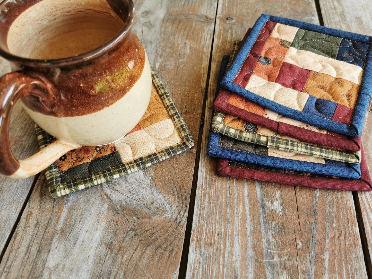 These rustic coasters fit large mugs. The scrappy patchwork style means each one is different but still coordinating.