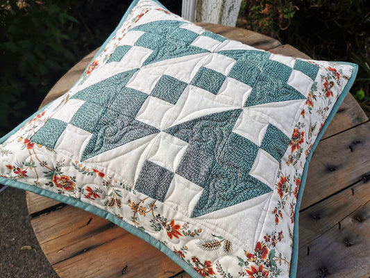 Quilted Throw Pillow, Teal Patchwork Cushion, 16 inch square