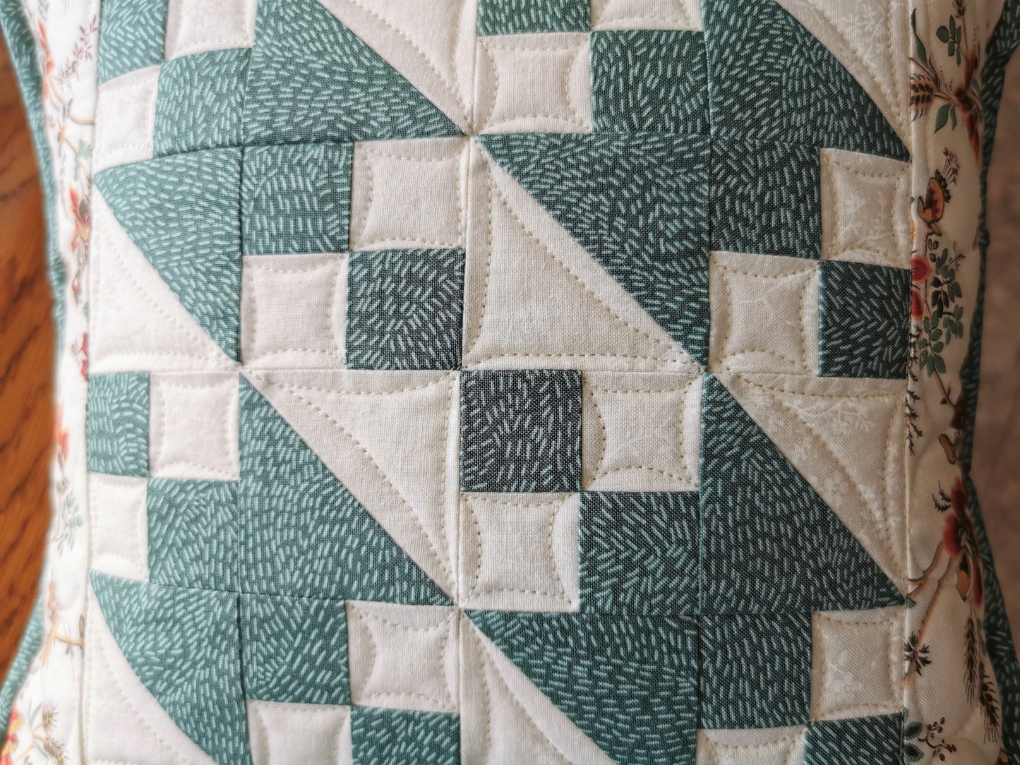 Teal Patchwork Pillow with Floral Accents, 12 inch square Quilted Pillow