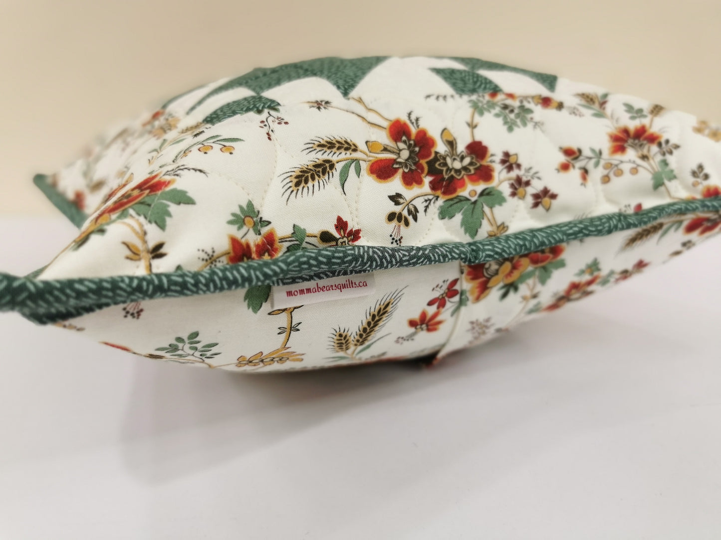 Teal Patchwork Pillow with Floral Accents, 12 inch square Quilted Pillow