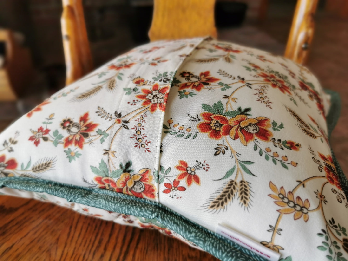 Teal Patchwork Pillow with Floral Accents, 12 inch square Quilted Pillow