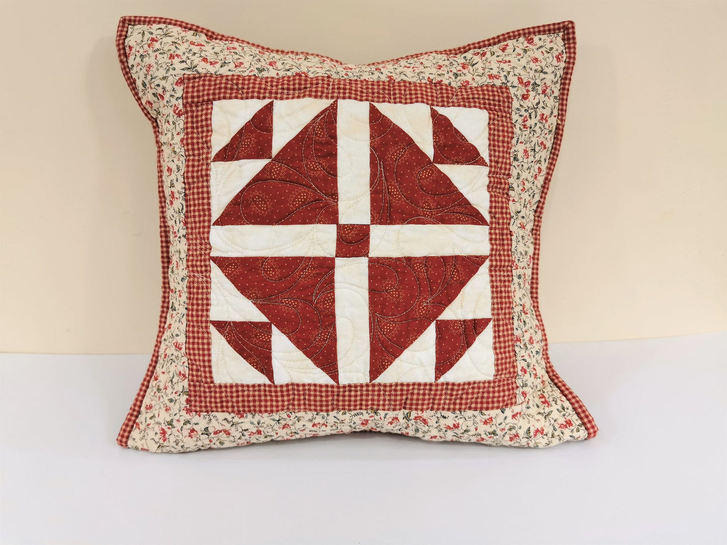 Red Patchwork Throw Pillow, 16 inch square