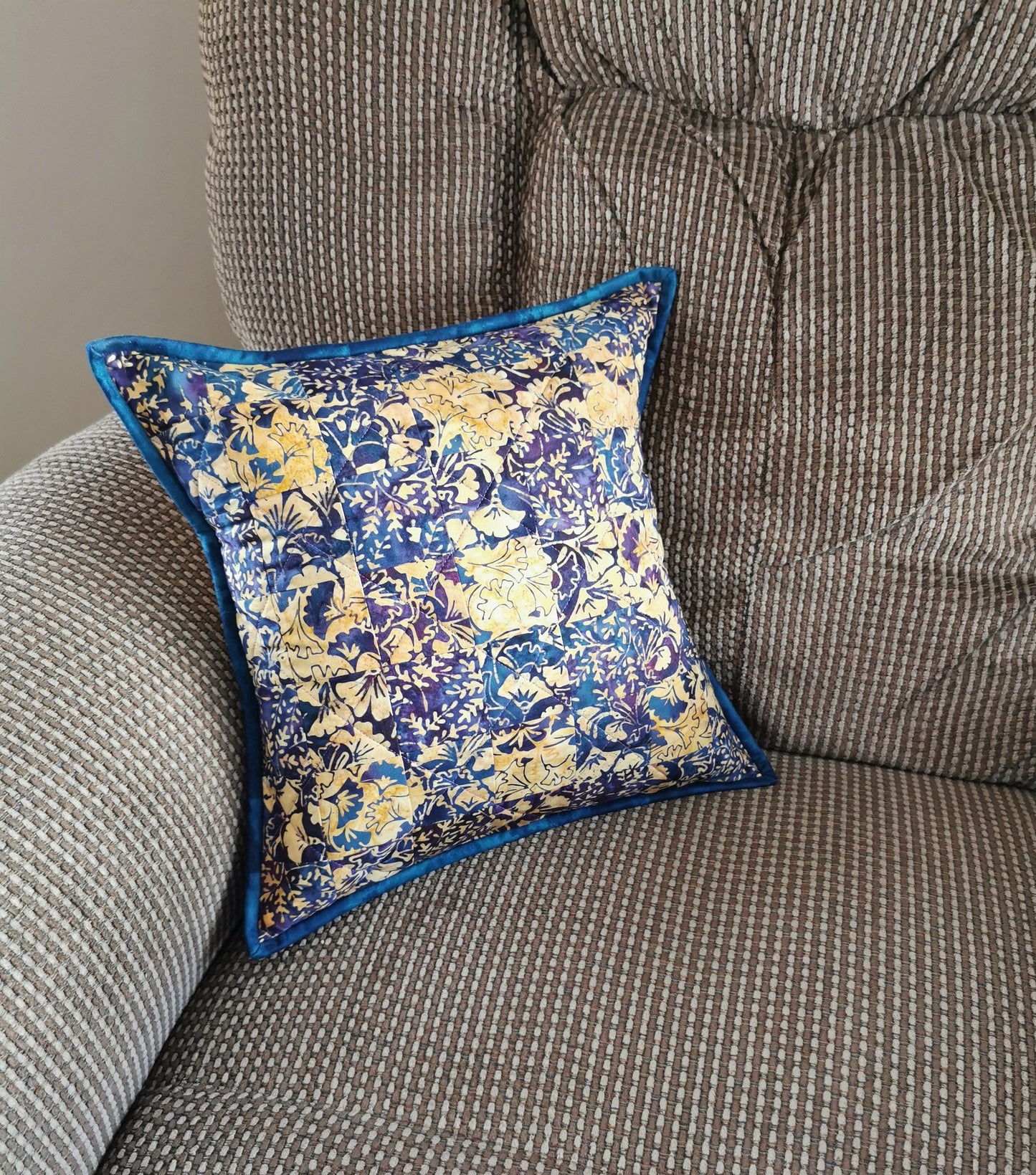 Quilted Throw Pillow in Blue & Purple Batiks, 14 inches square
