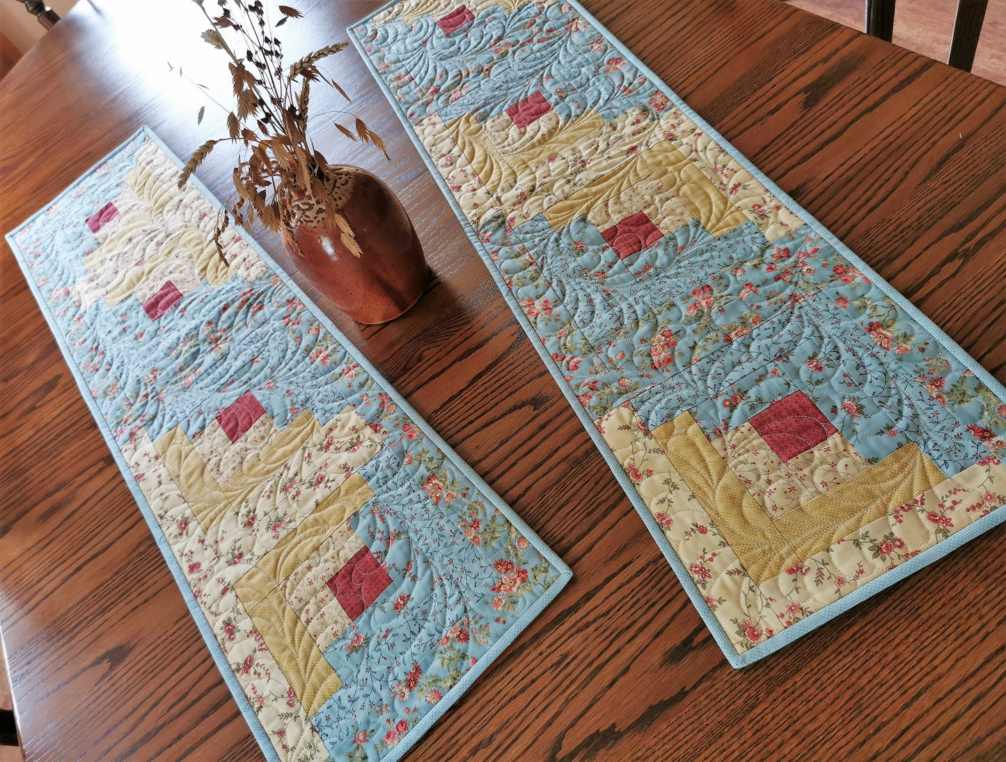 Log Cabin Quilted Table Runner in Teal and Yellow Florals