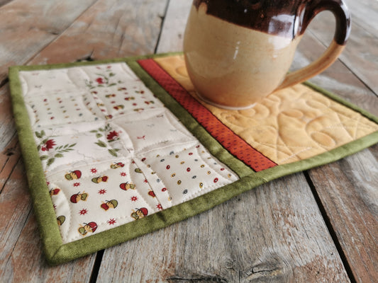 showing angle view of the mug rug with a coffee mug sitting on it