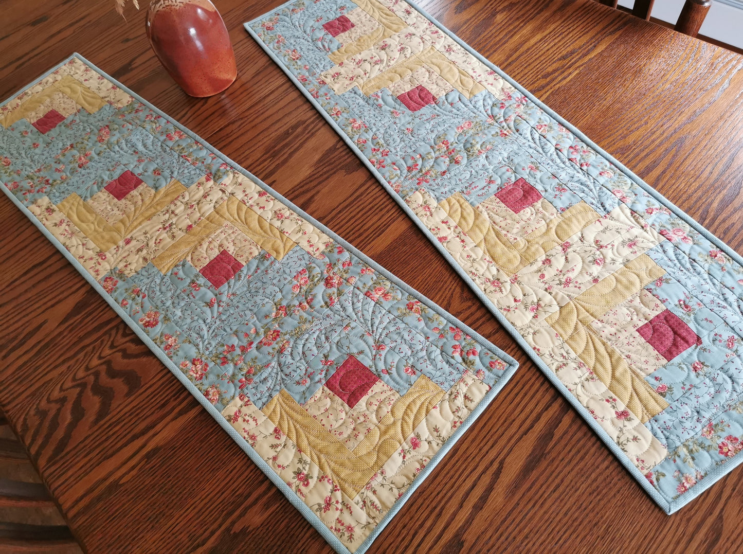 Log Cabin Quilted Table Runner in Teal and Yellow Florals