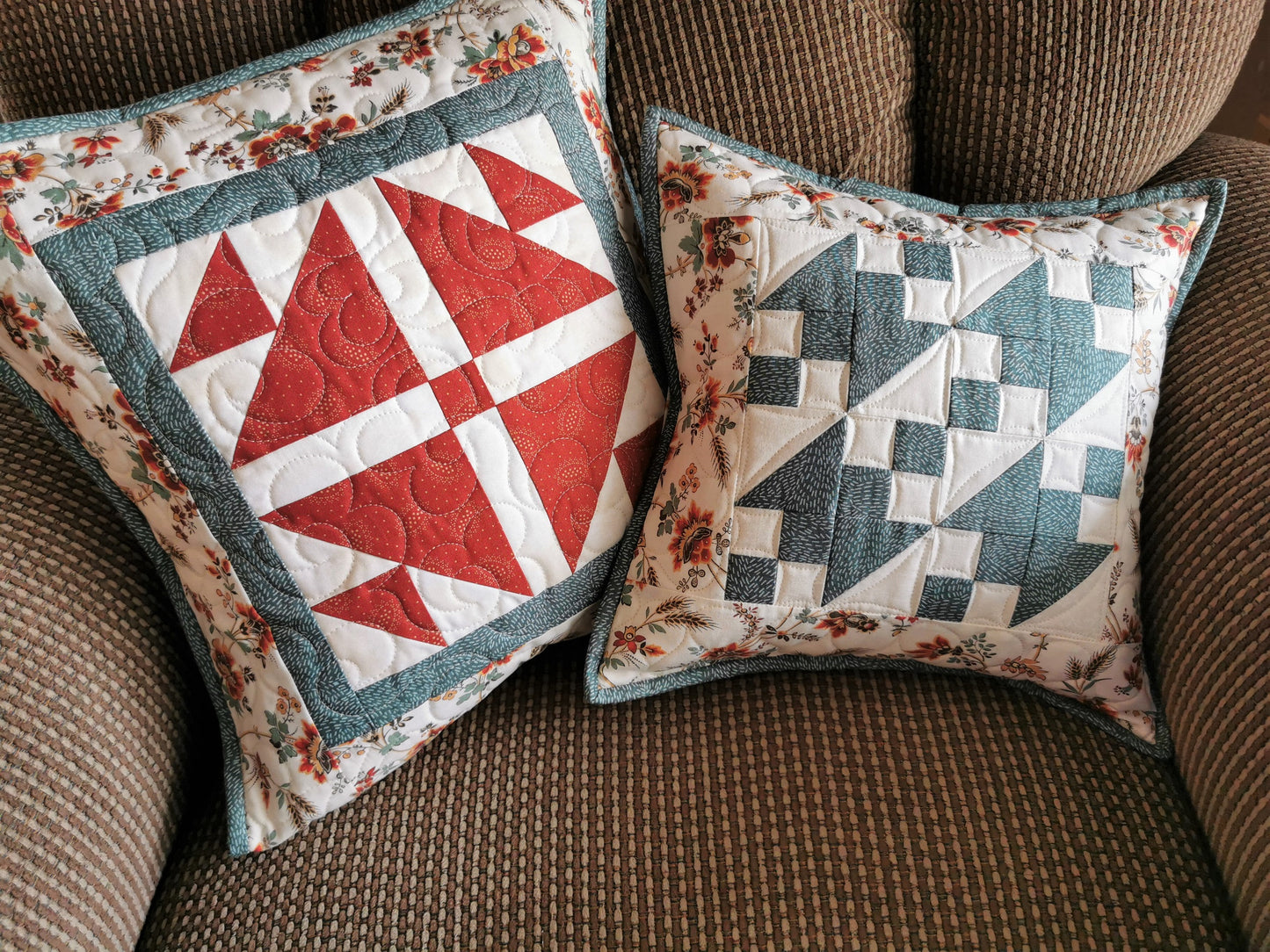 Teal Patchwork Pillow with Floral Accents, 12 inch square Quilted Pillow