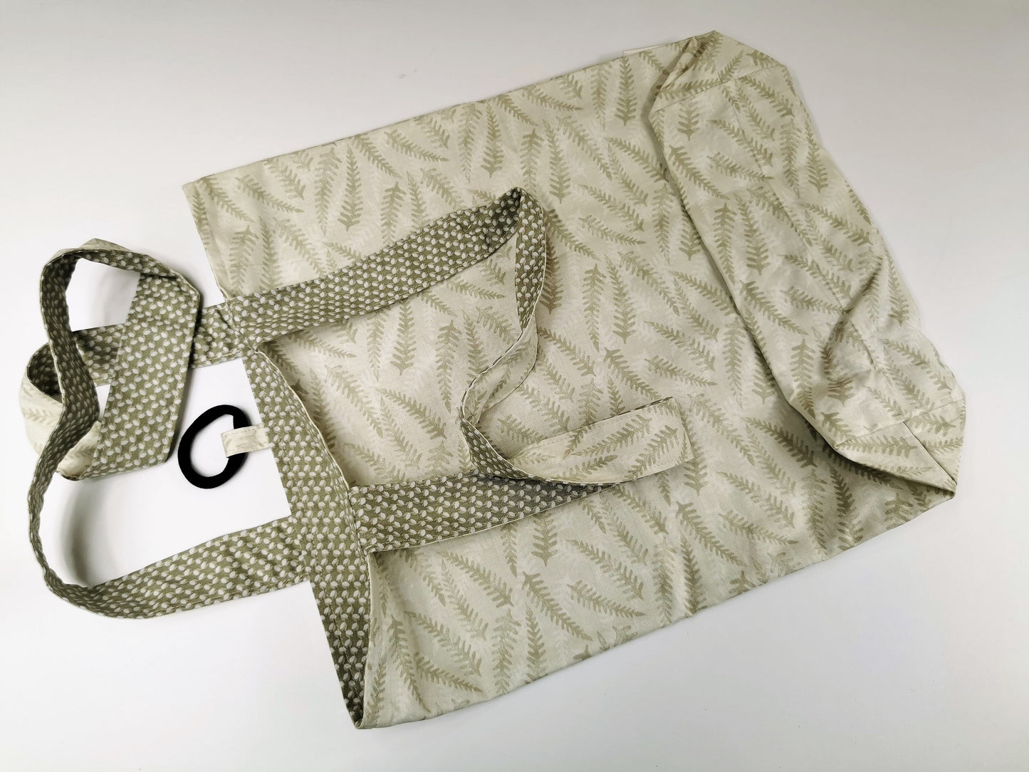 basic tote bag, large reusable cotton shopping bag, compact for purse, sturdy with two layers of fabric, sage green fern leaf fabric