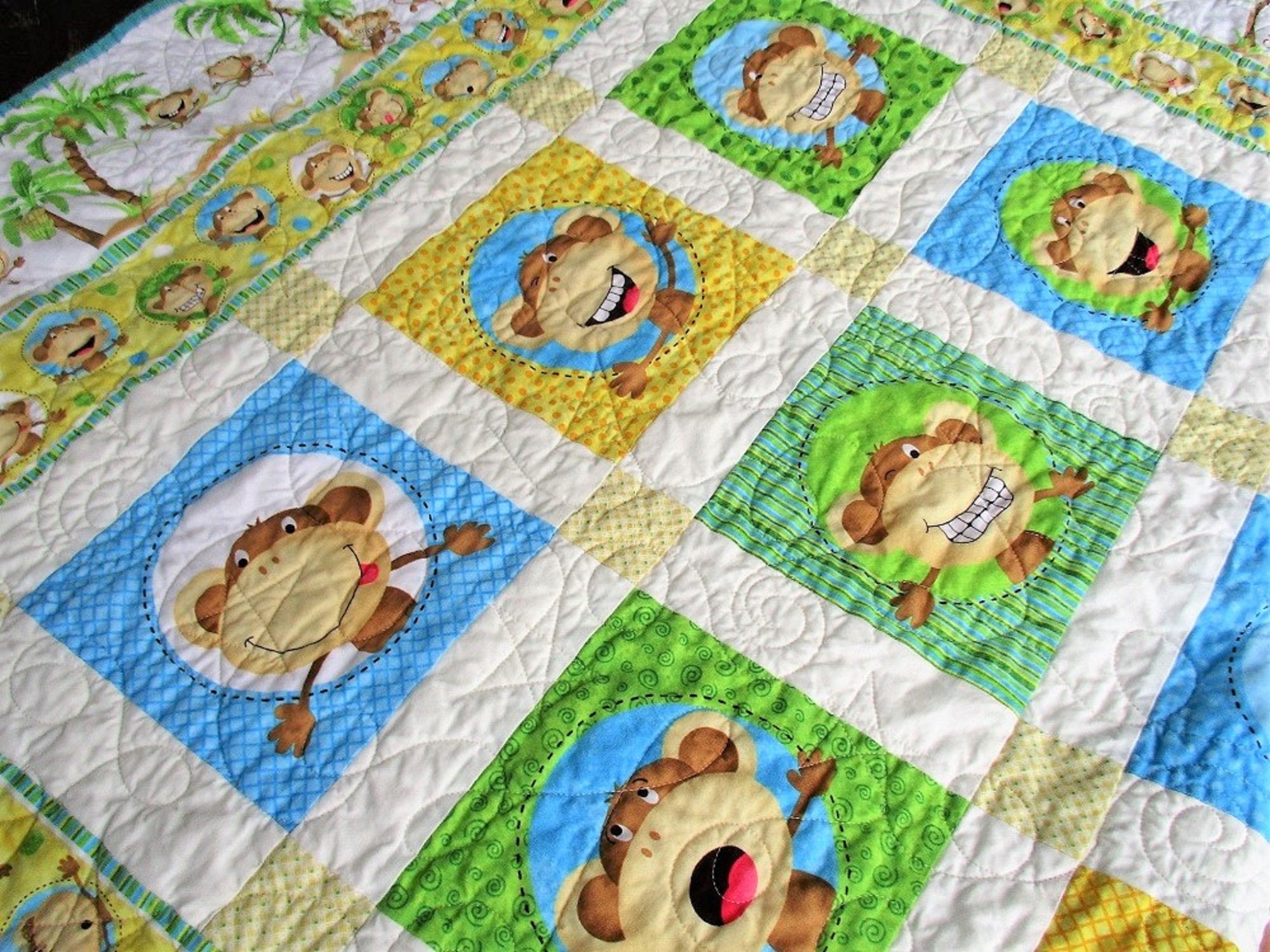 Monkey Baby Quilt, Quilted Baby Blanket, Play Mat, Toddler Bedding