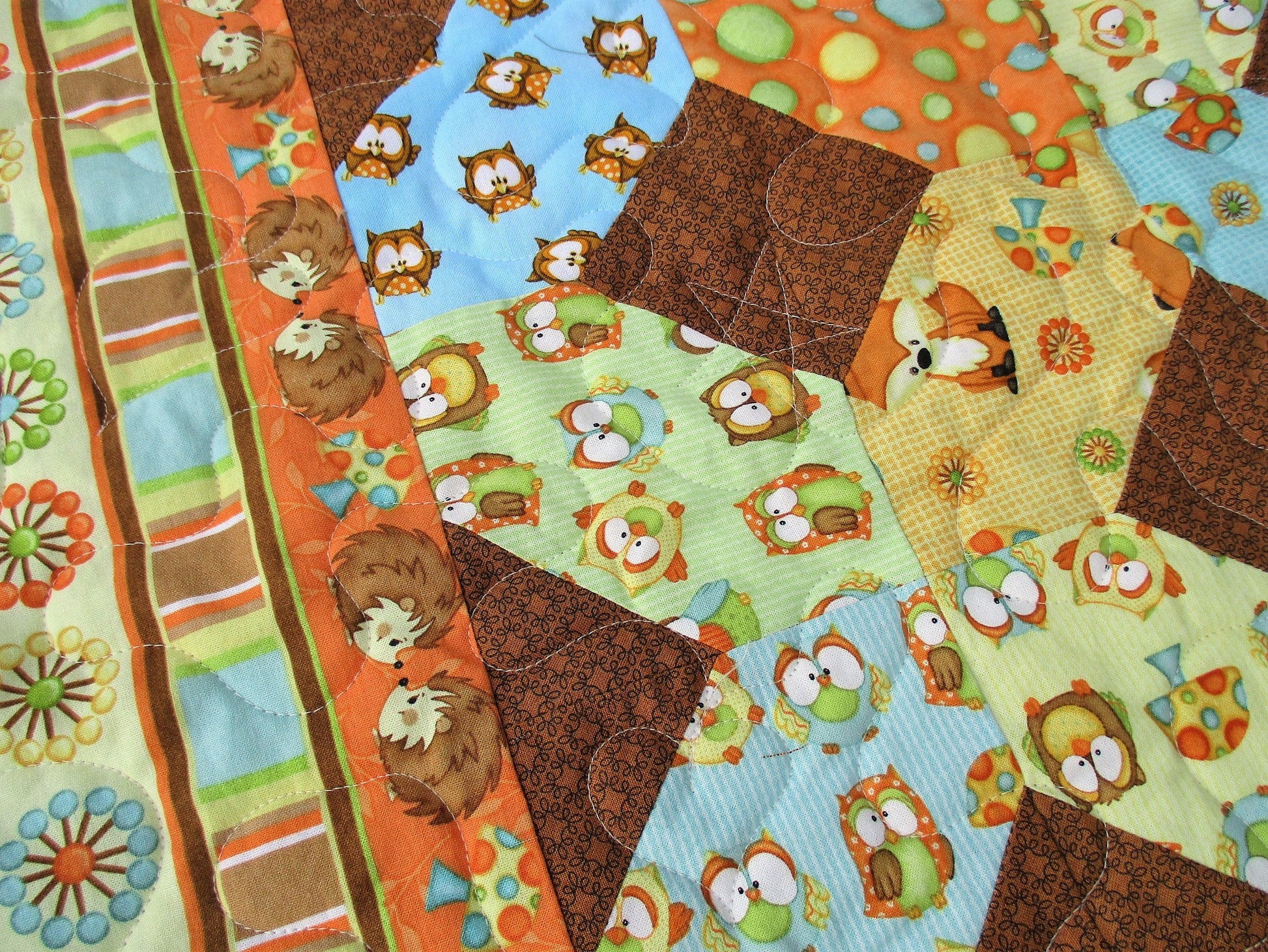 Woodland Animal Baby Quilt, Fall Baby Shower Gift, Cotton Patchwork Crib Blanket