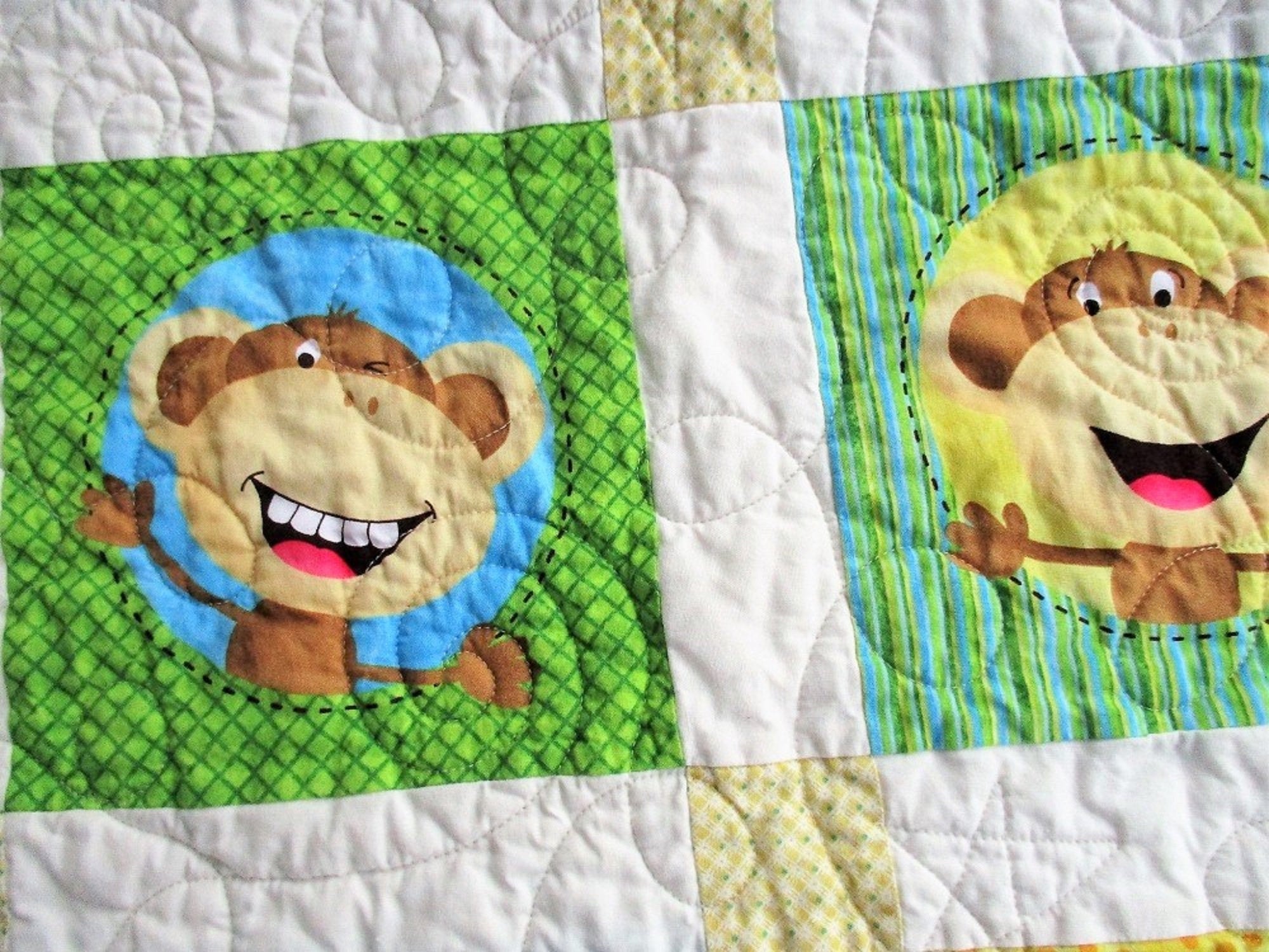 Monkey Baby Quilt, Quilted Baby Blanket, Play Mat, Toddler Bedding