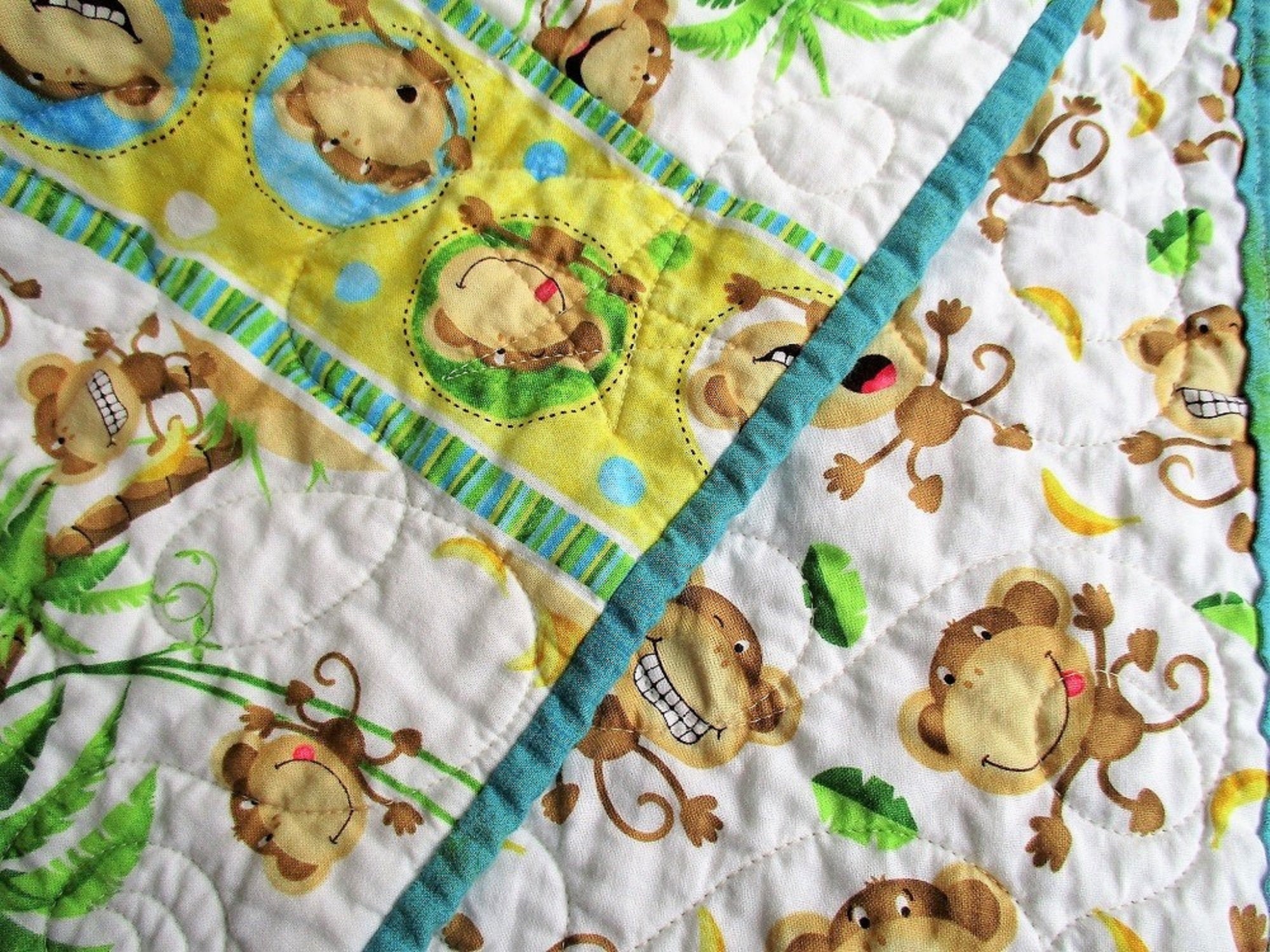 Monkey Baby Quilt, Quilted Baby Blanket, Play Mat, Toddler Bedding