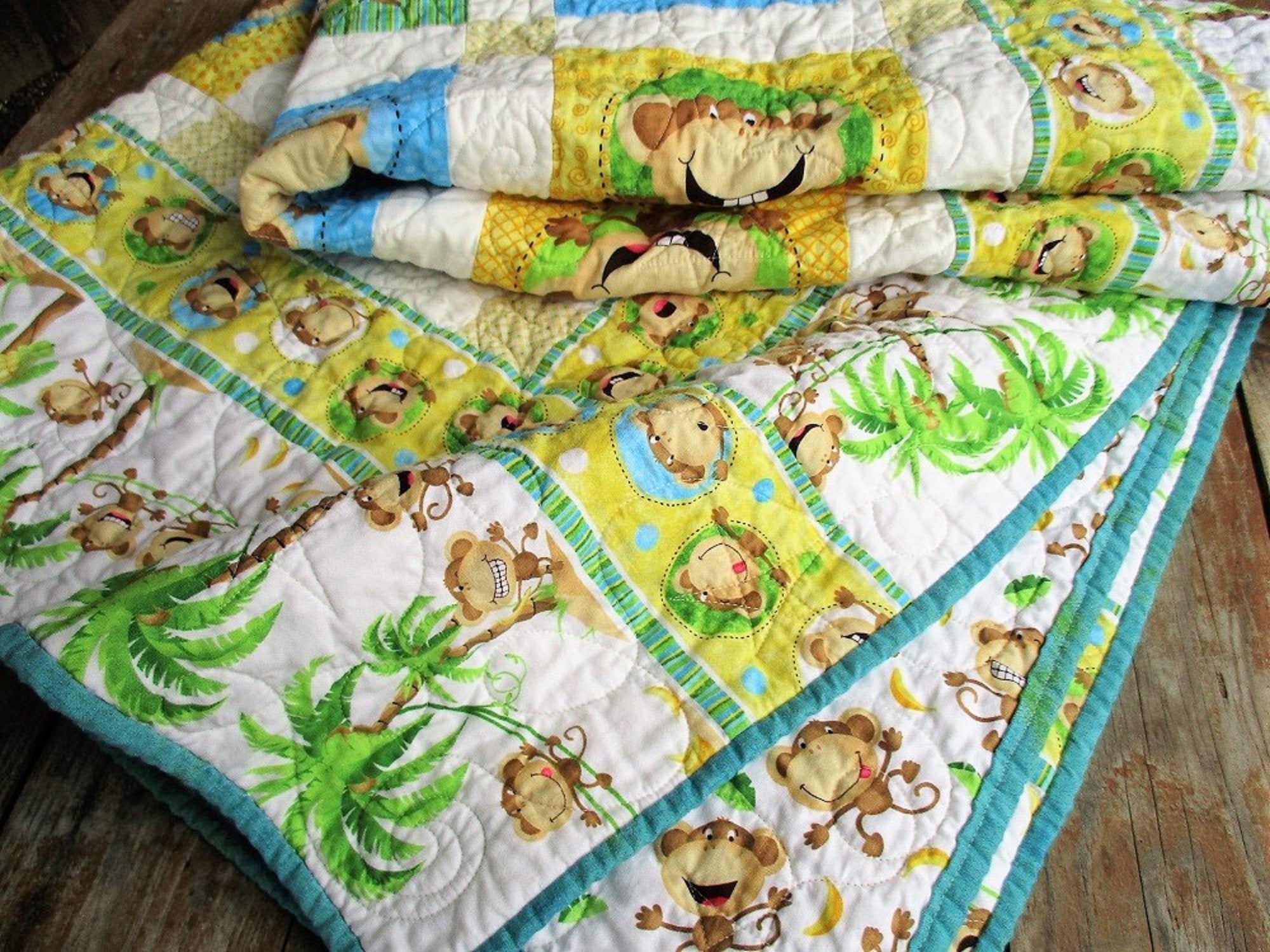 Monkey Baby Quilt, Quilted Baby Blanket, Play Mat, Toddler Bedding