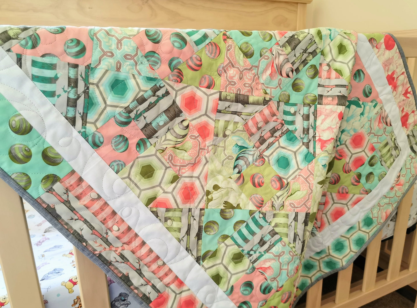 Pastel Baby Quilt with Fanciful Bees and Soft Minky Backing
