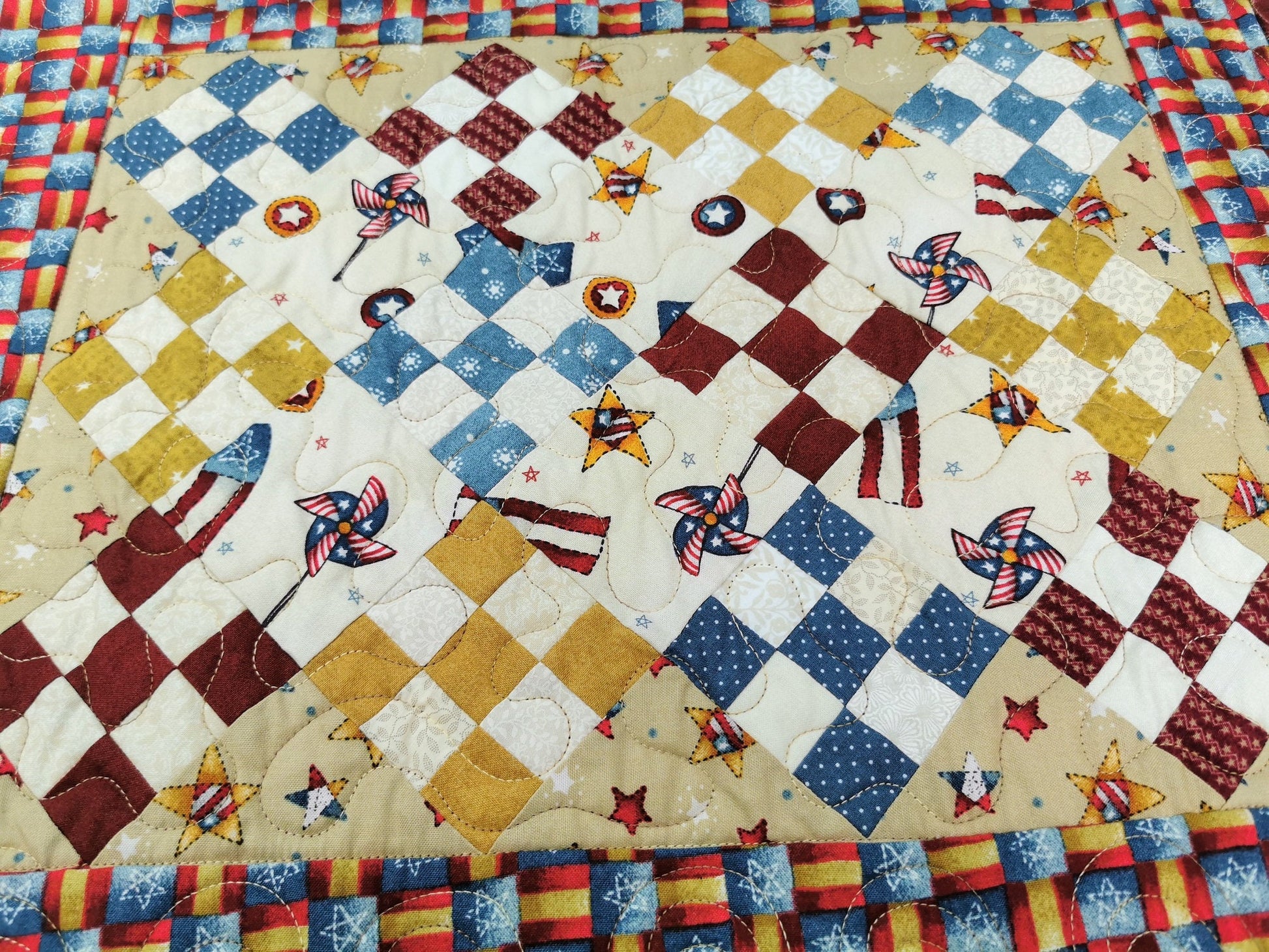 Rustic Americana Quilted Table Runner, Nine Patch Mini Scrap Quilt