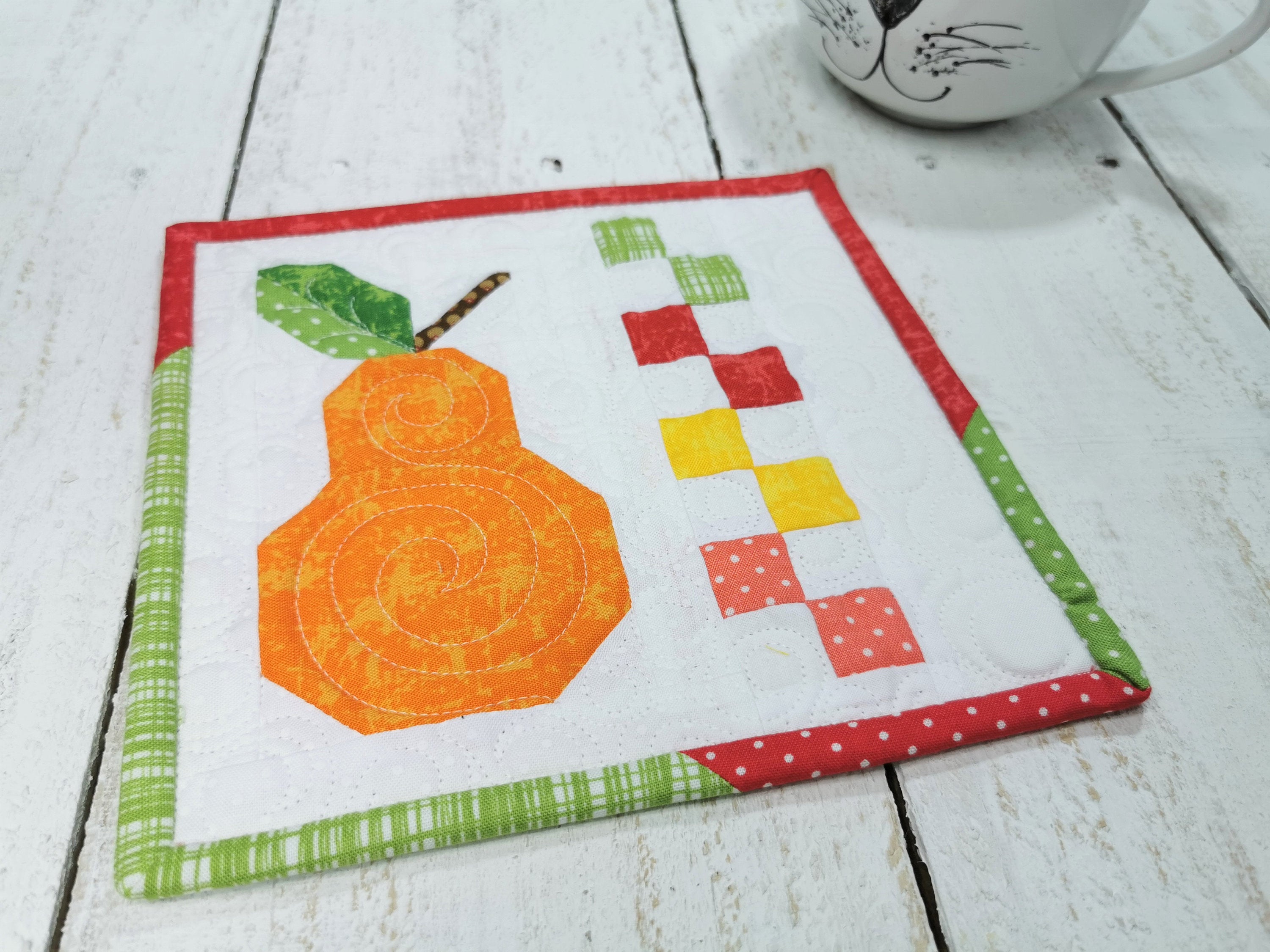Pear Mini Quilt, Small Wall Quilt, Mug Rug