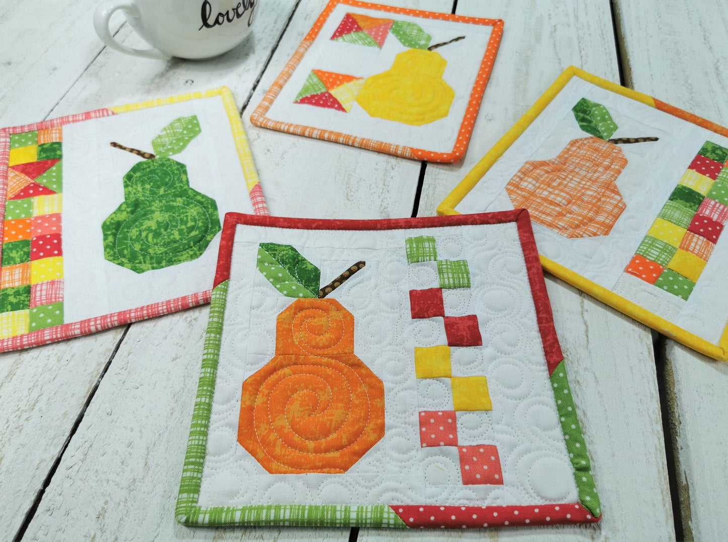 Patchwork Pear Mini Quilt, Small Wall Quilt, Mug Rug
