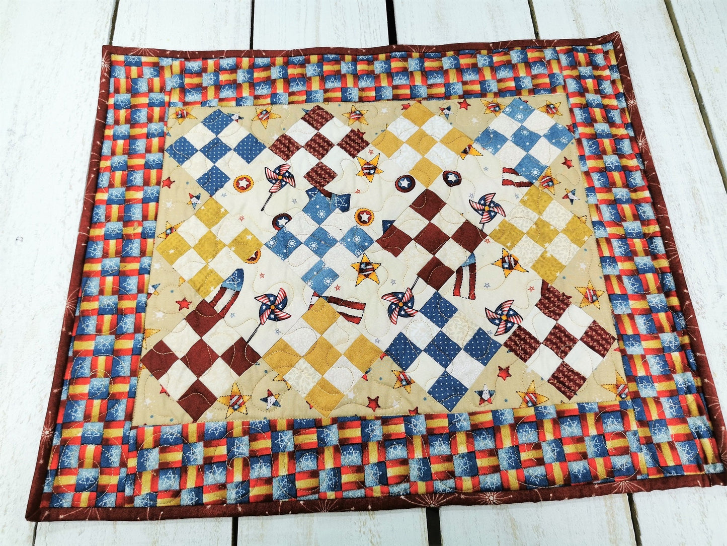 Rustic Americana Quilted Table Runner, Nine Patch Mini Scrap Quilt