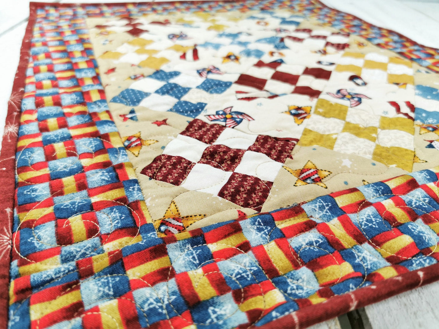 Rustic Americana Quilted Table Runner, Nine Patch Mini Scrap Quilt