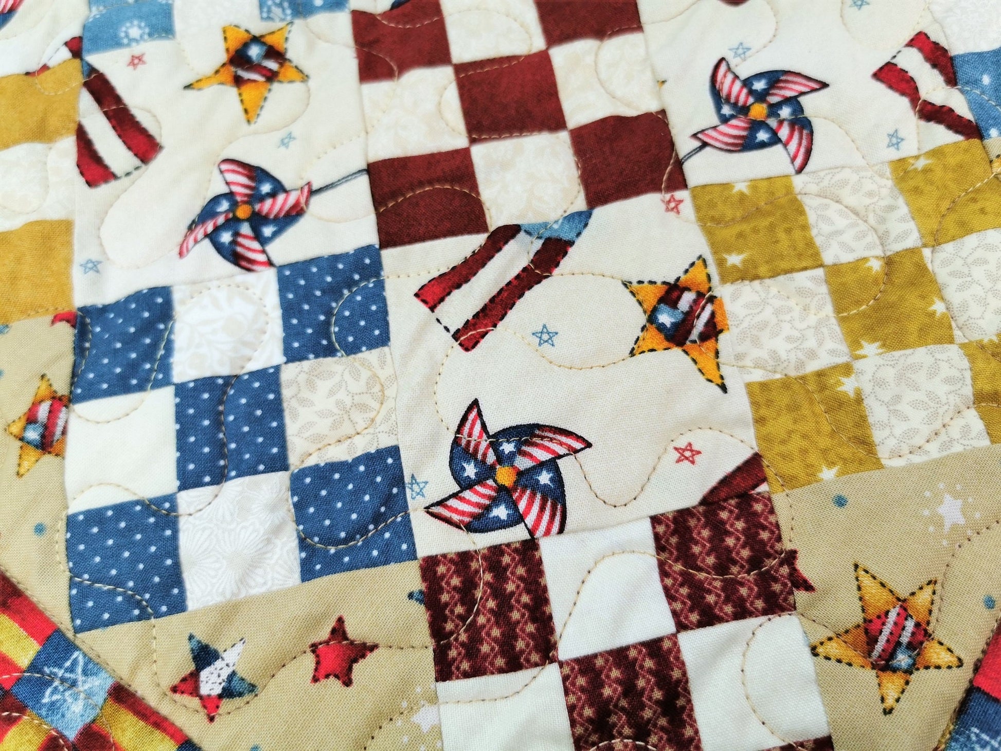 Rustic Americana Quilted Table Runner, Nine Patch Mini Scrap Quilt