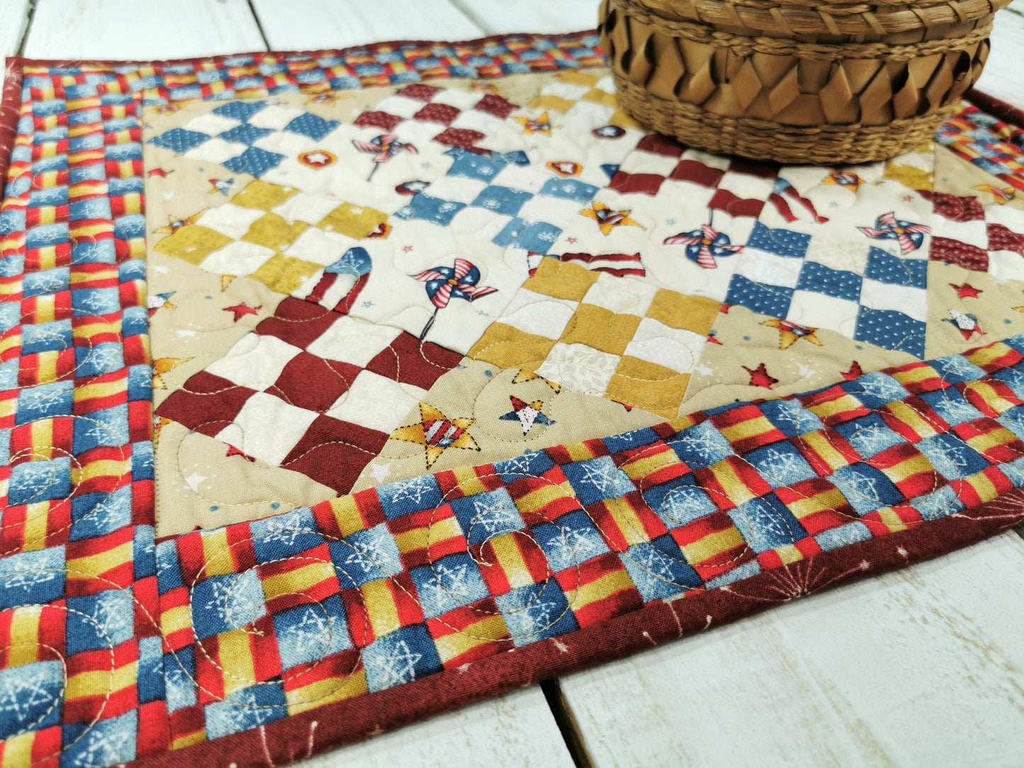 Rustic Americana Quilted Table Runner, Nine Patch Mini Scrap Quilt