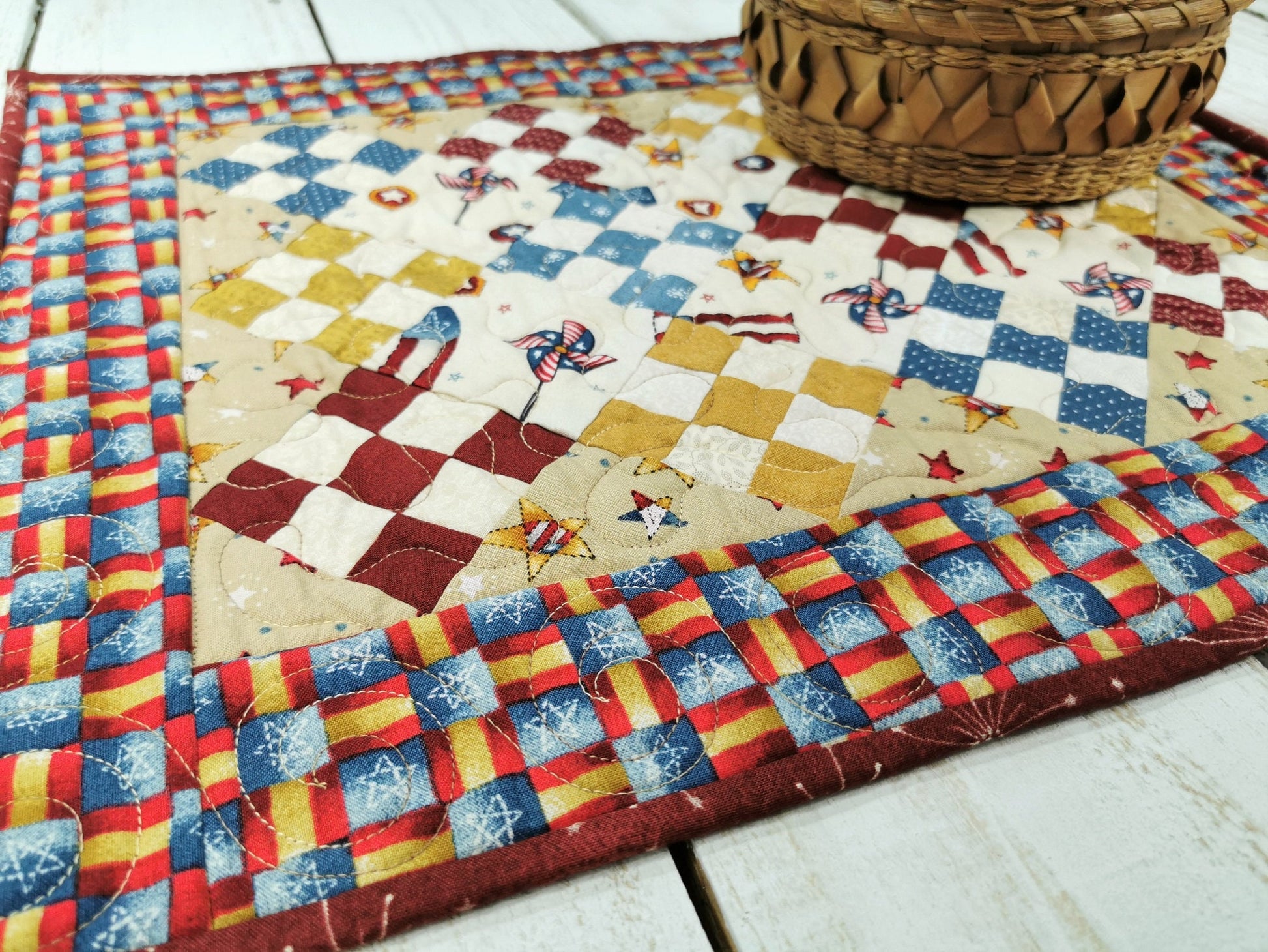 Rustic Americana Quilted Table Runner, Nine Patch Mini Scrap Quilt