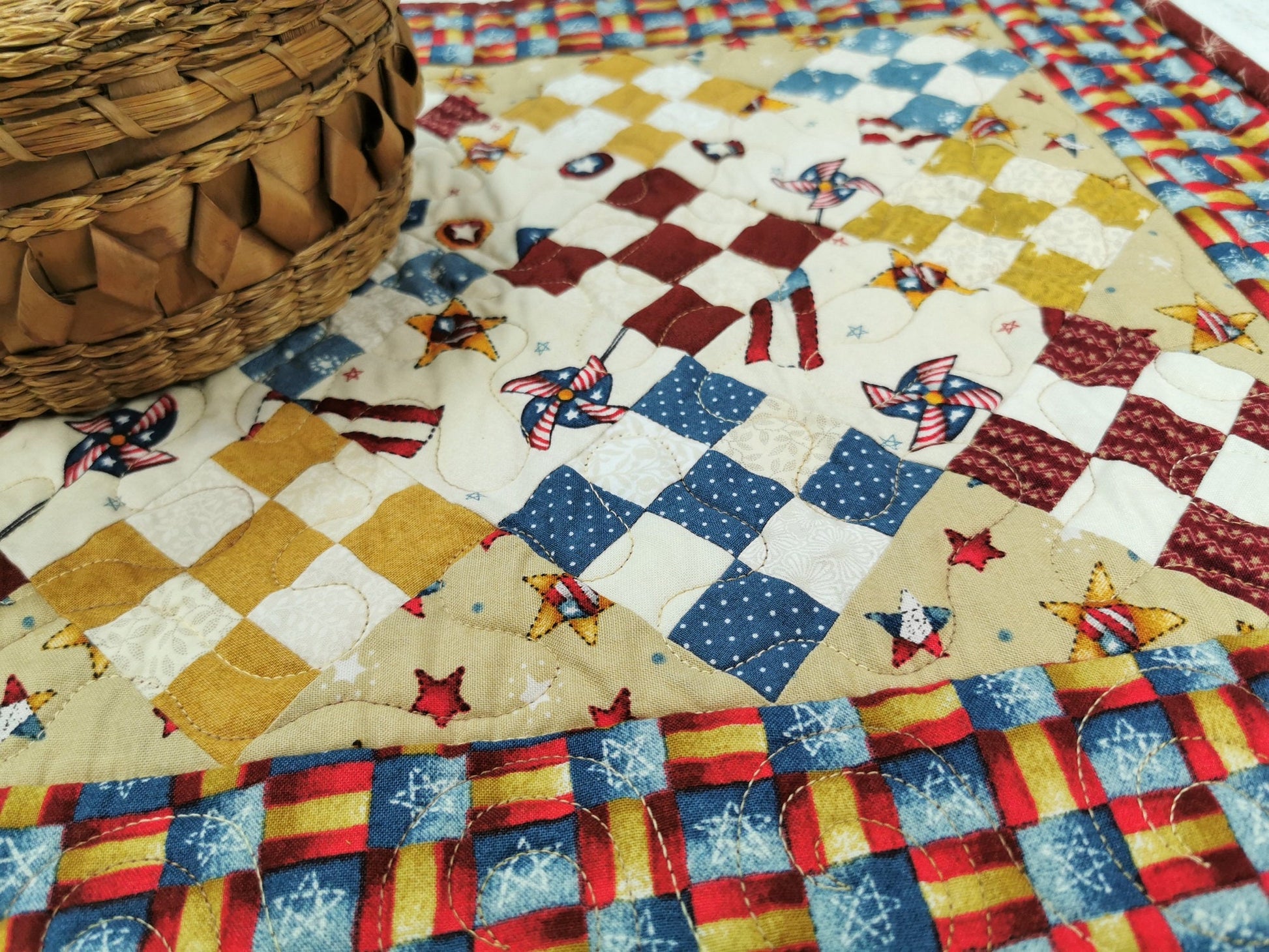 Rustic Americana Quilted Table Runner, Nine Patch Mini Scrap Quilt