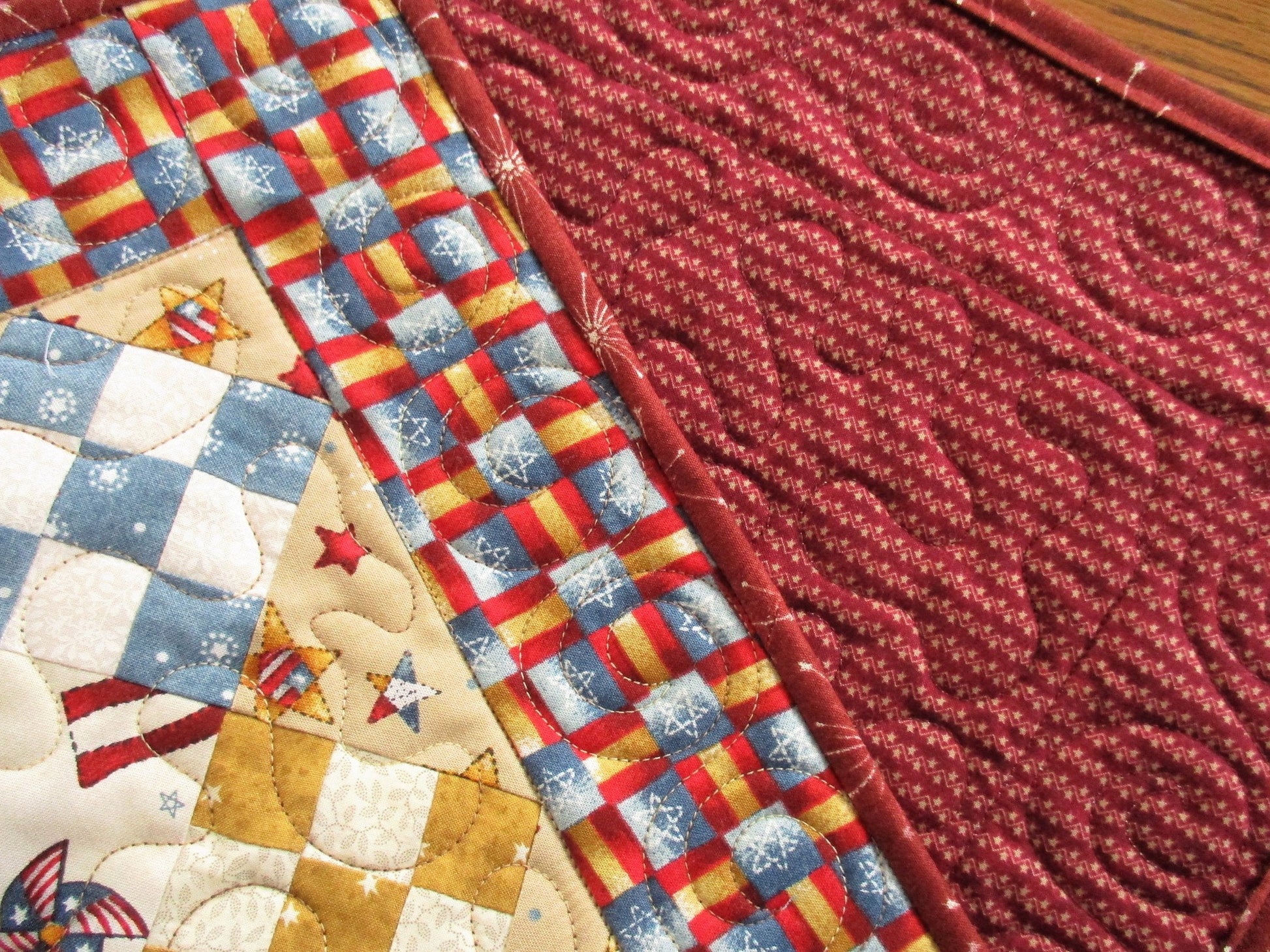 Rustic Americana Quilted Table Runner, Nine Patch Mini Scrap Quilt