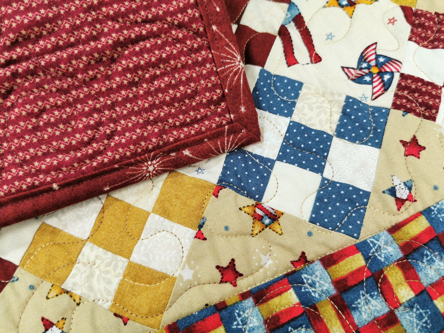 Rustic Americana Quilted Table Runner, Nine Patch Mini Scrap Quilt