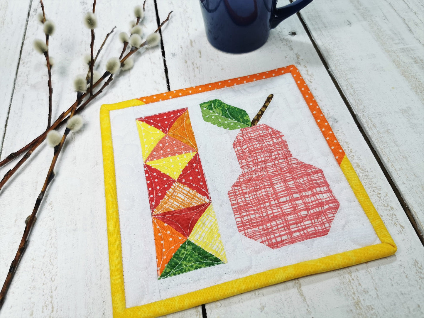 Pear Mini Quilt, Small Wall Quilt, Mug Rug