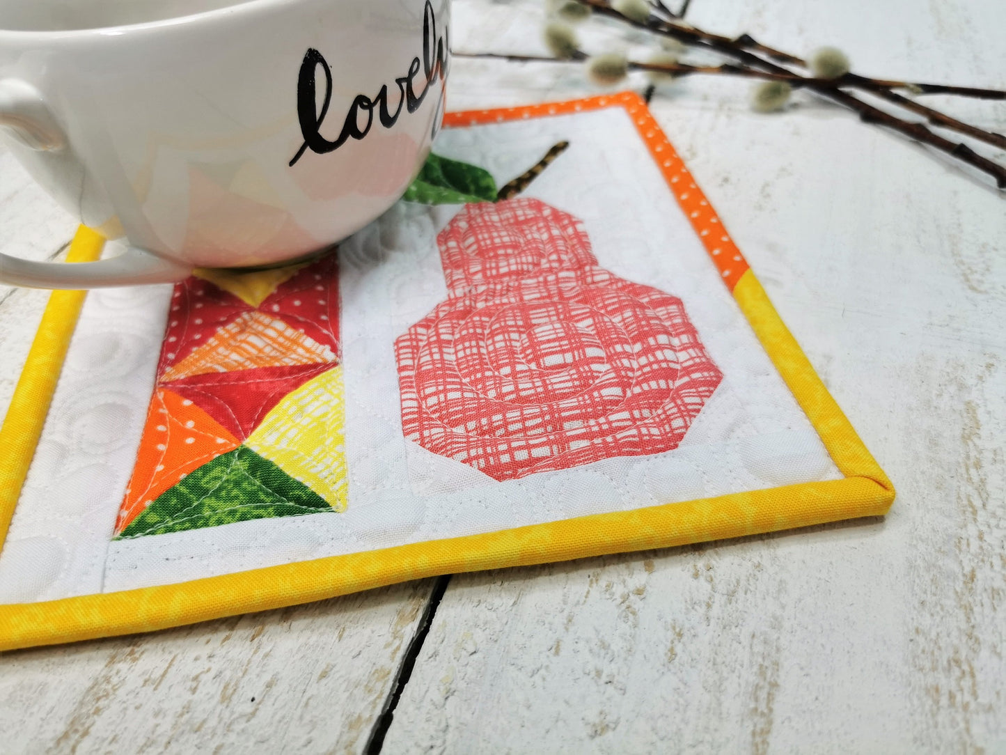 Pear Mini Quilt, Small Wall Quilt, Mug Rug