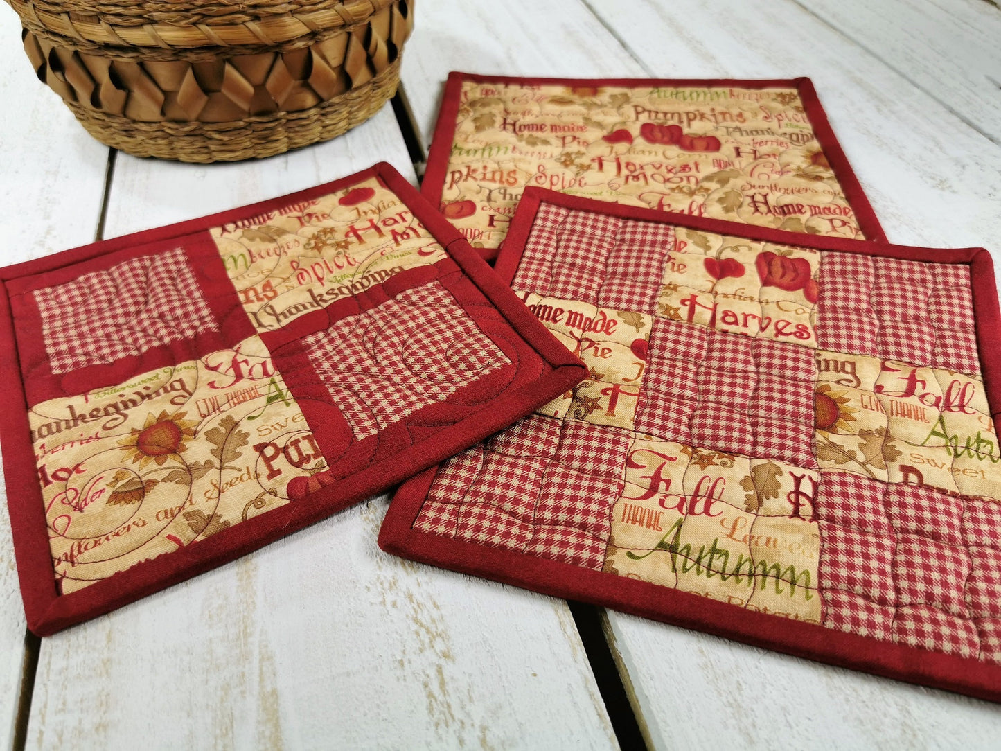 Quilted Potholders, Fall Hot Mats, Set of Three