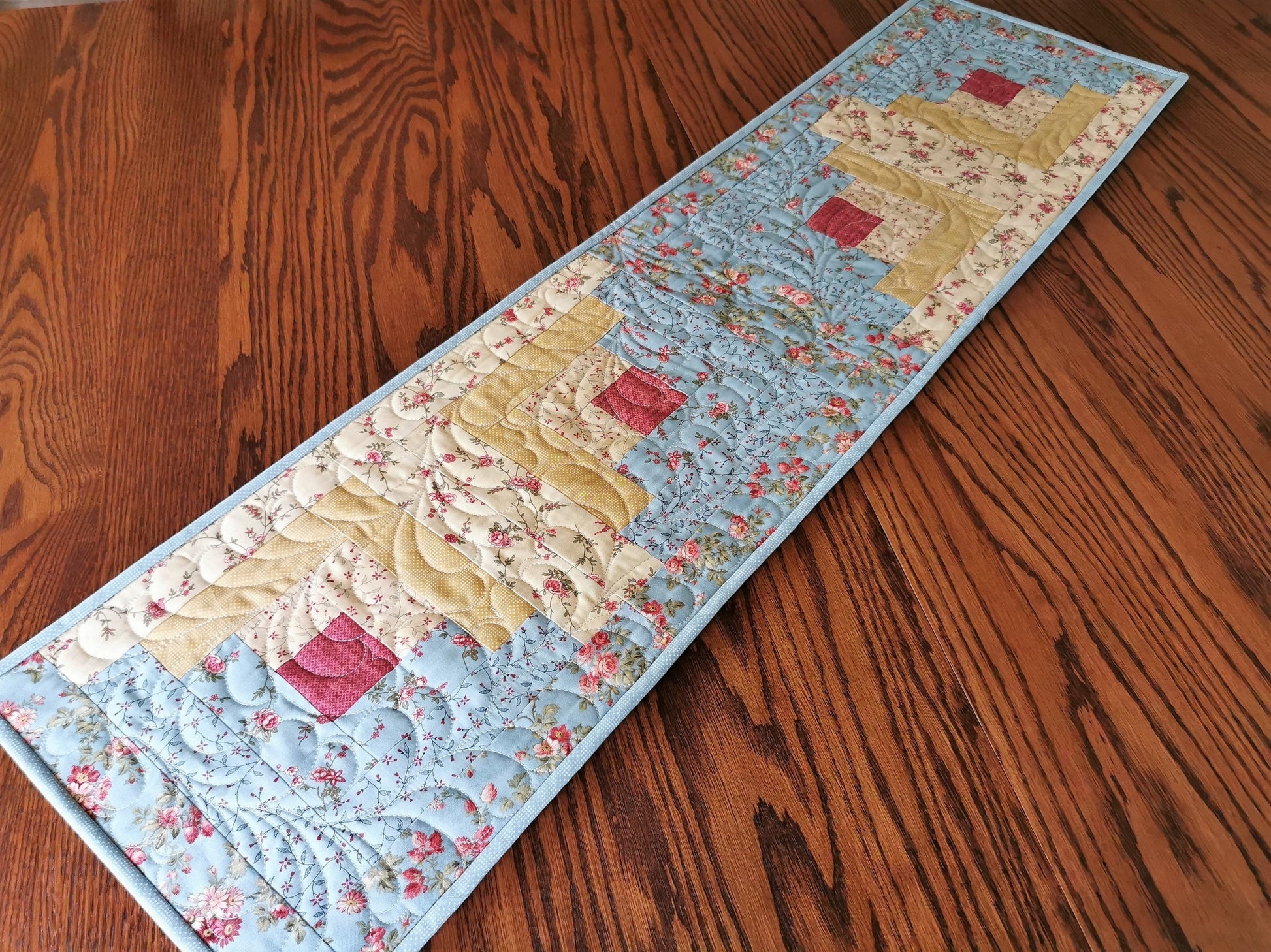 Quilted Log Cabin Table Runner, Rose Floral Decor, Teal and Golden Yellow Summer Colors
