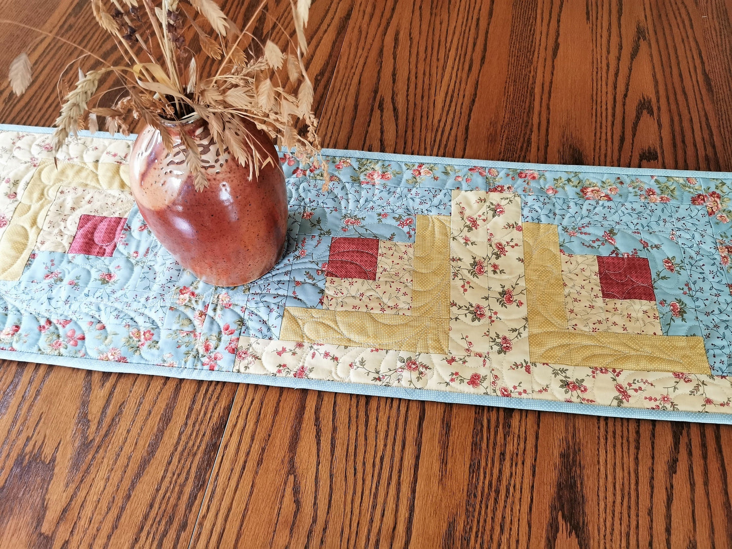 Quilted Log Cabin Table Runner, Rose Floral Decor, Teal and Golden Yellow Summer Colors