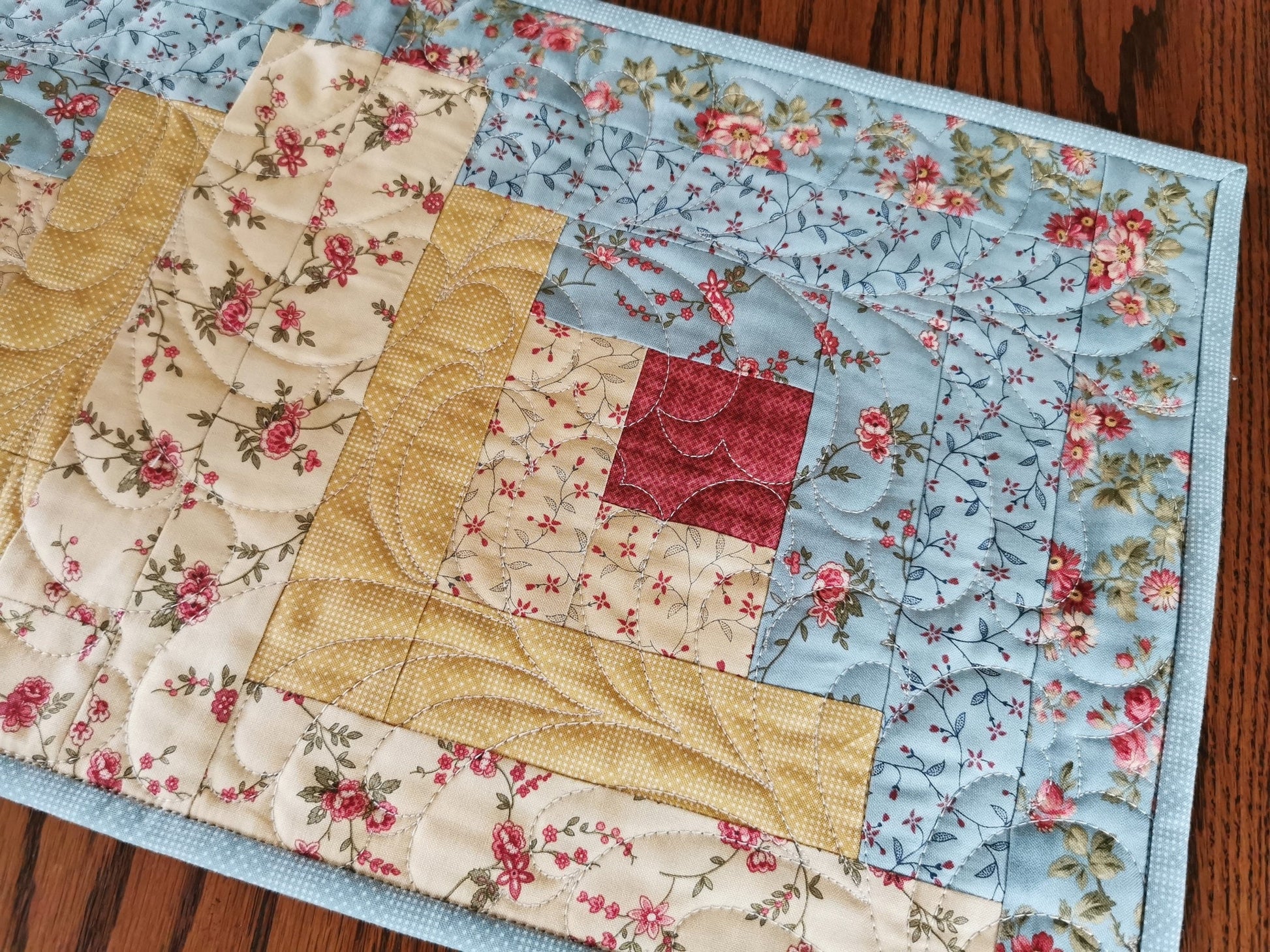 Quilted Log Cabin Table Runner, Rose Floral Decor, Teal and Golden Yellow Summer Colors