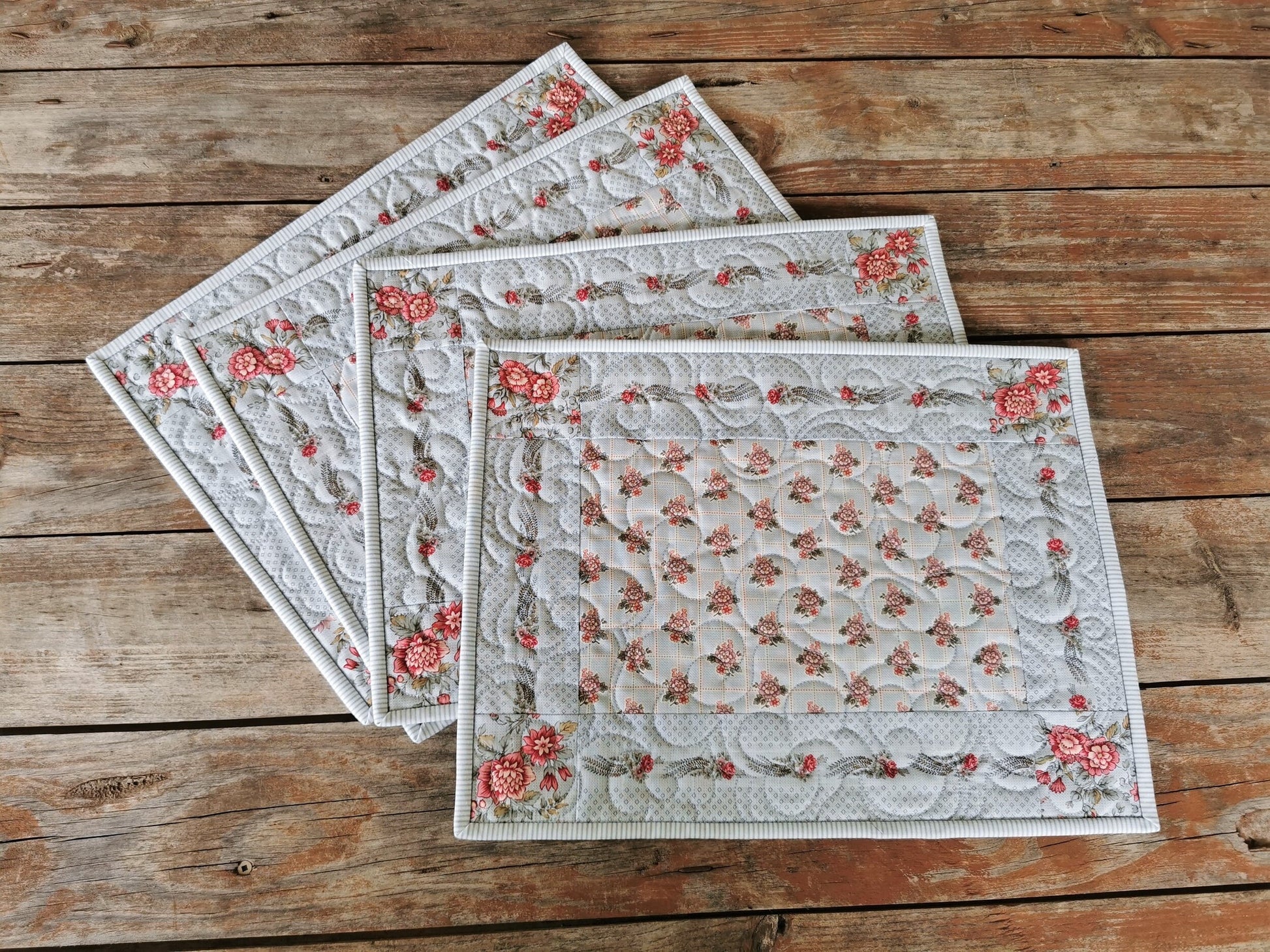 Pale Blue Quilted Placemats, Four Floral Dining Table Mats in Cotton Fabric
