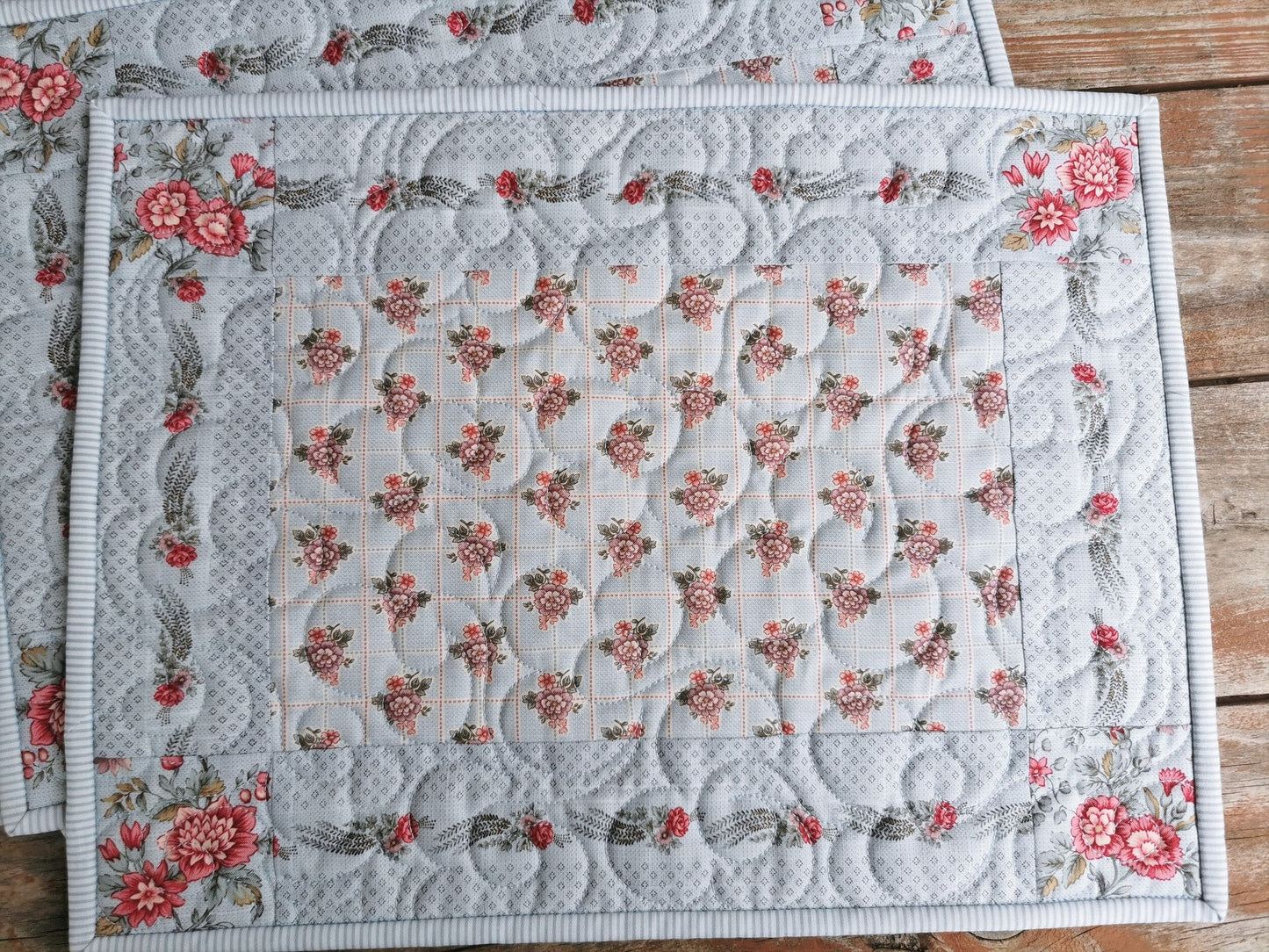 quilted placemats in coordinating french floral fabrics