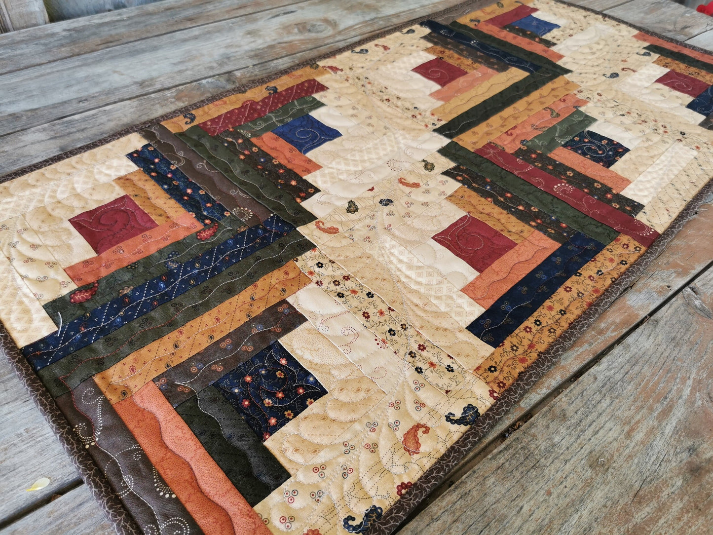 Rustic Fall Table Runner, Quilted Patchwork Log Cabin Table Topper, Scrap Quilt, Farmhouse Decor