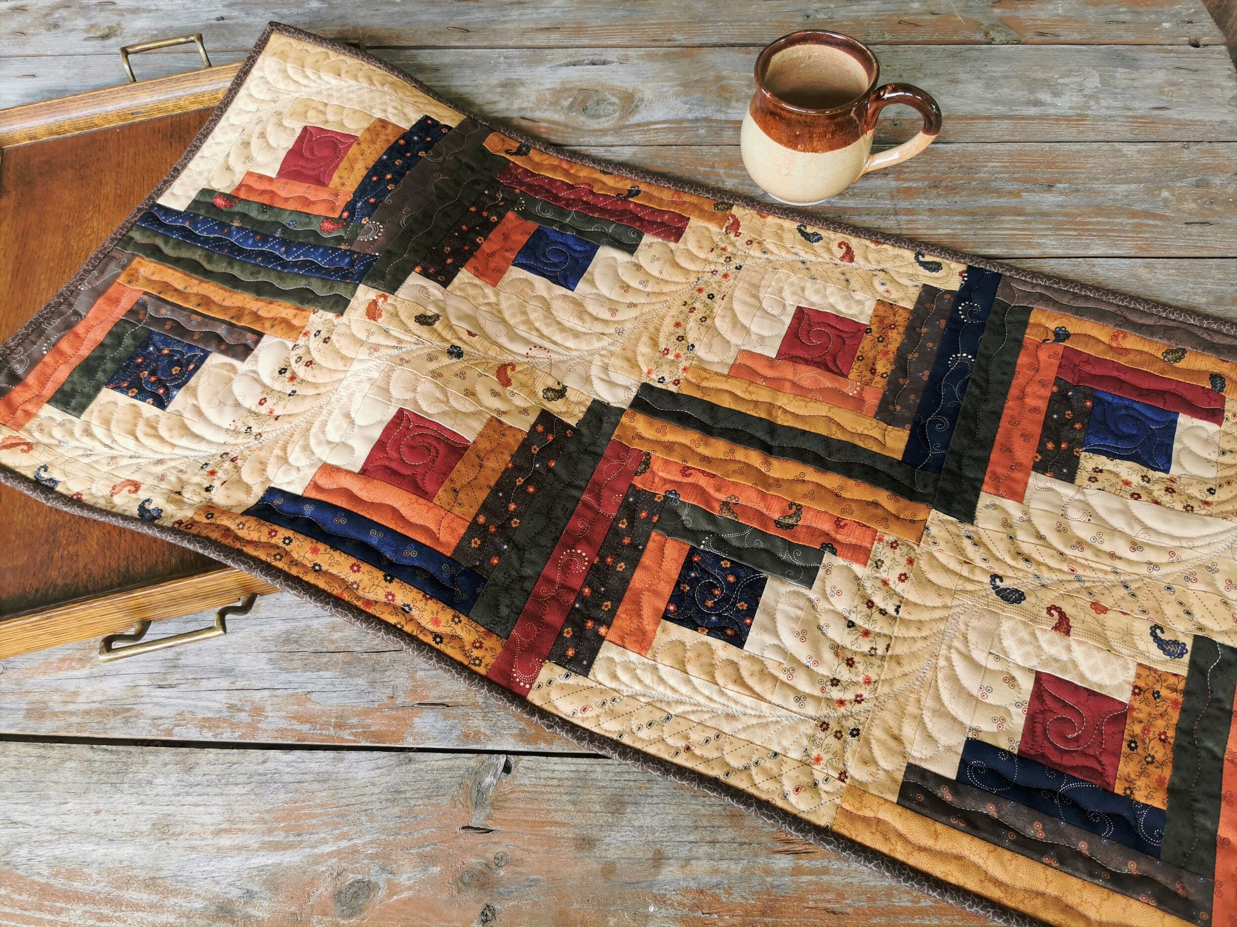 Rustic Fall Table Runner, Quilted Patchwork Log Cabin Table Topper, Scrap Quilt, Farmhouse Decor
