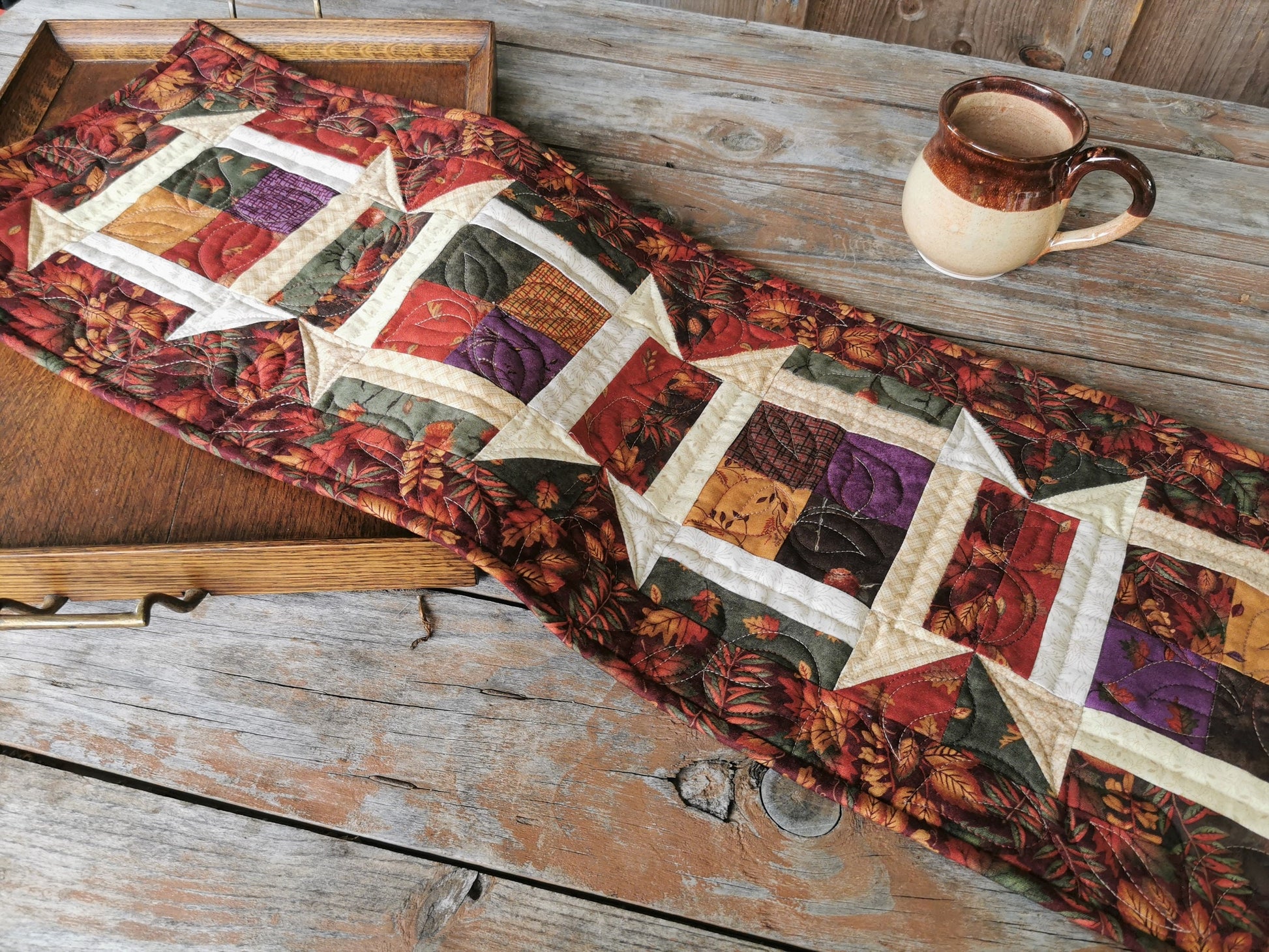 Rustic Fall Leaf Quilted Table Runner, Patchwork Churn & Dash Scrap Quilt, Farmhouse Decor